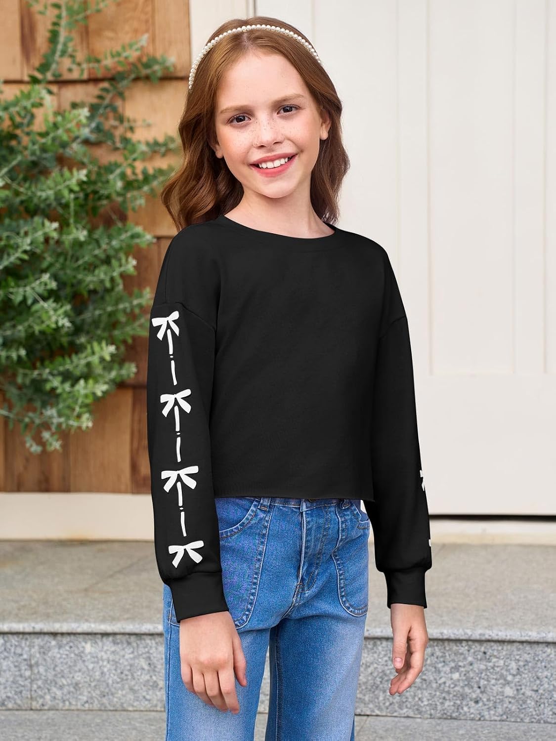 Haloumoning Girls Cute Daisy Pinted Cropped Sweatshirt Kids Long Sleeve Crop Tops Fall Fashion Shirts