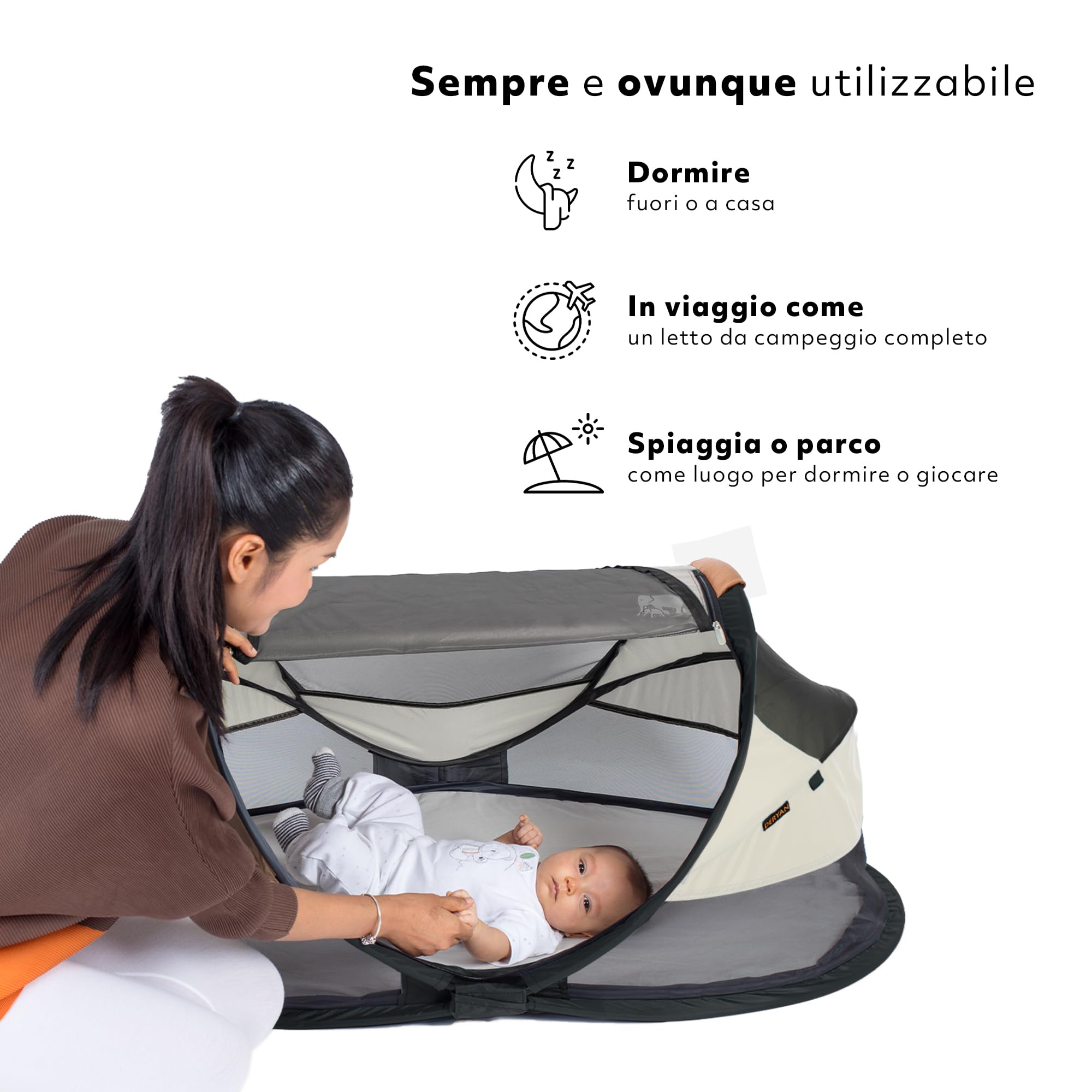 Deryan Lettino neonato da viaggio pieghevole con materasso, 0-2.5 anni, Lettino da campeggio, Le pareti realizzate in rete, Letto Pieghevole 120x75cm, Borsa da Trasporto, Protezione Insetti, Avorio