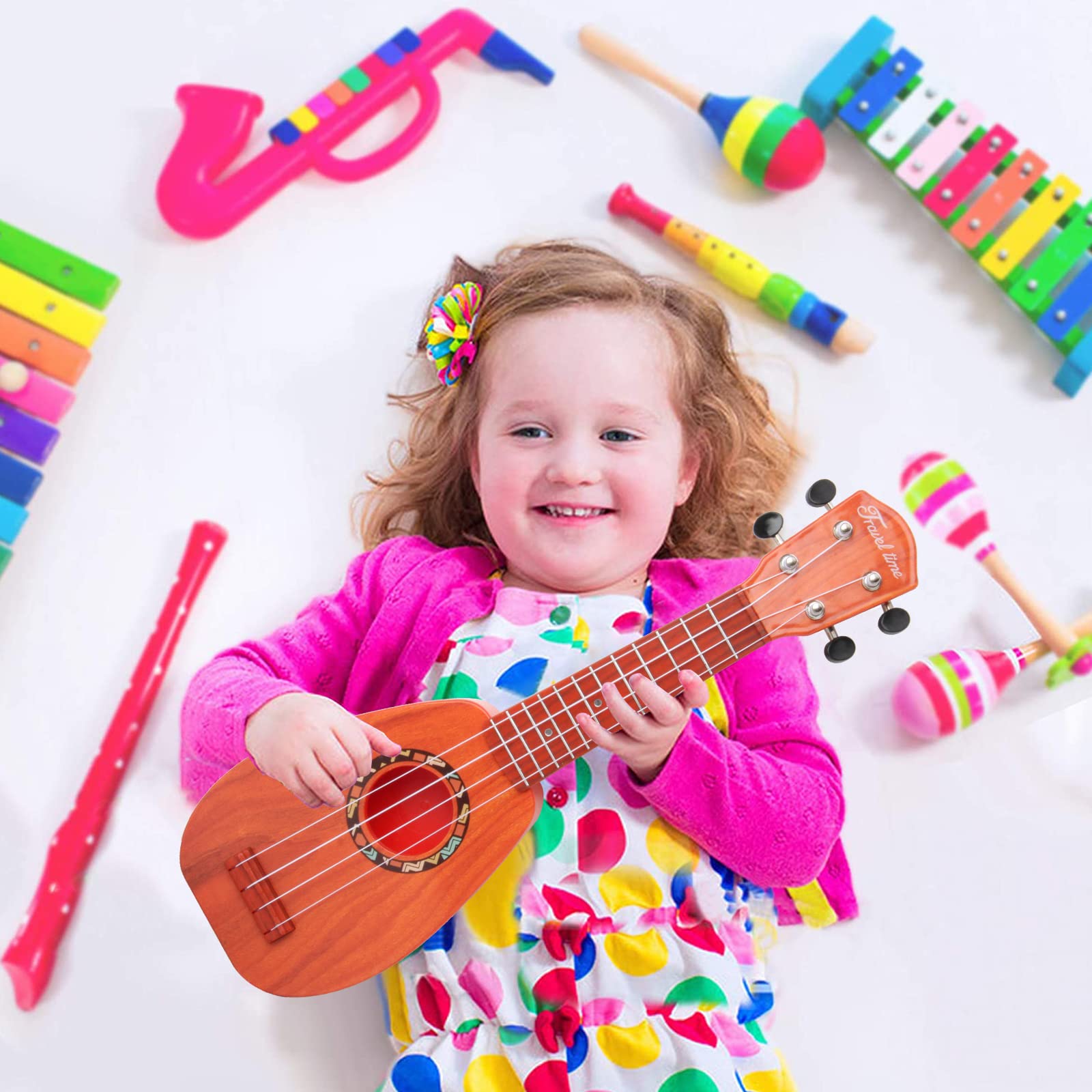 Ukelele pour enfants, guitare pour enfants, mini ukulélé acoustique de 43 cm, kit pour débutants avec médiator et sangle– Idéal pour les tout-petits et les débutants (marron foncé)
