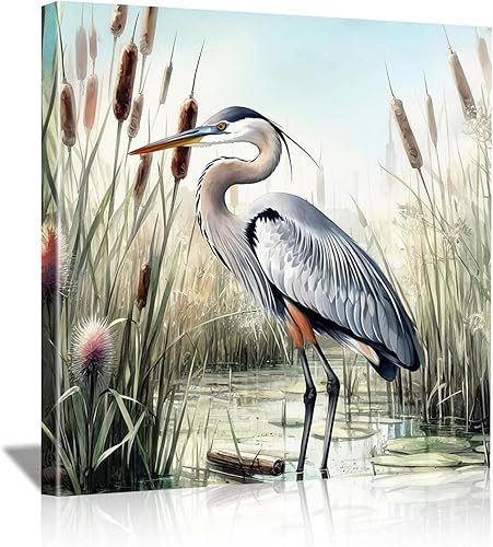 Heron Wall Art Framed 16x16 Inch – Great Blue Heron