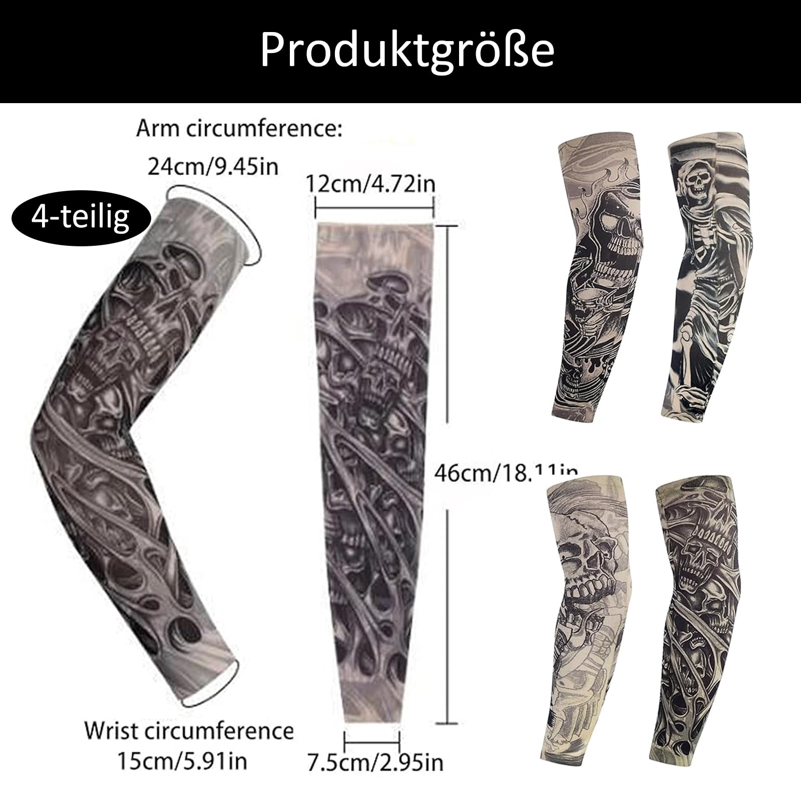 4 sztuki rękawów do tatuażu, dla mężczyzn i kobiet, rozciągliwy, nylonowy, ochrona przed słońcem, wiele wzorów, sztuczne tatuaże do ochrony przed słońcem, wentylacja, jazda na rowerze