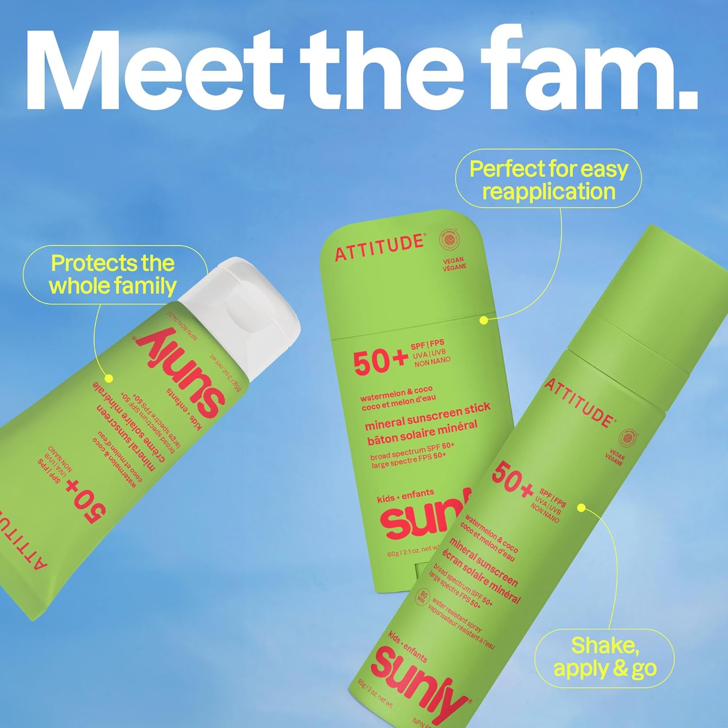 ATTITUDE Kids Mineral Sunscreen Stick SPF 50, Broad Spectrum Zinc Oxide, EWG Verified, Non-Nano, Mess-Free Stick for Face & Body, Lightweight Non-Greasy, Vegan, Watermelon & Coco Scent, 2 Oz