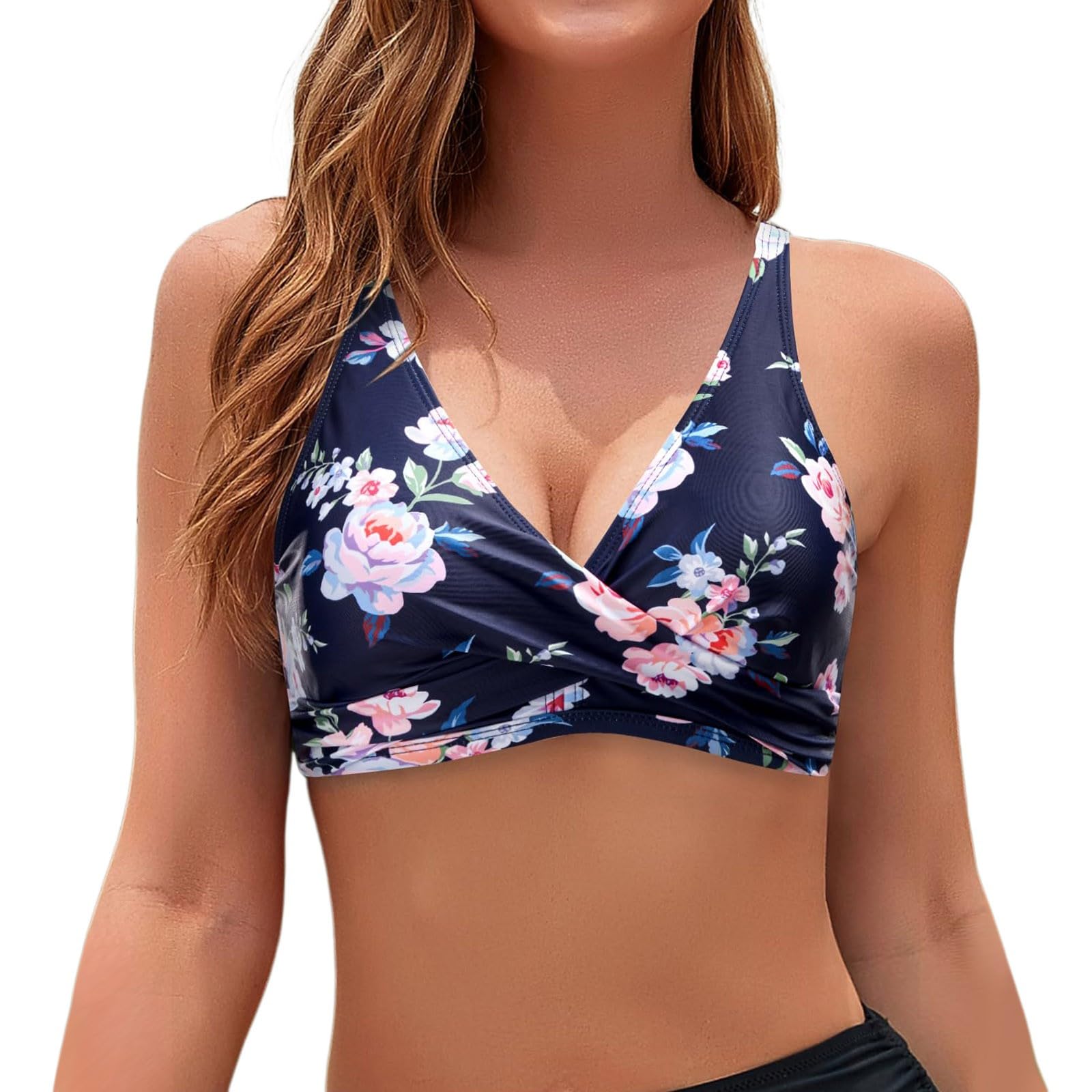 Zestawy Bikini Dla Kobiet Damski Top Od Pełne Pokrycie Bez Dołu Stroje Kąpielowe Push-up Stanik Sportowy Topy, Ciemnoniebieski, S