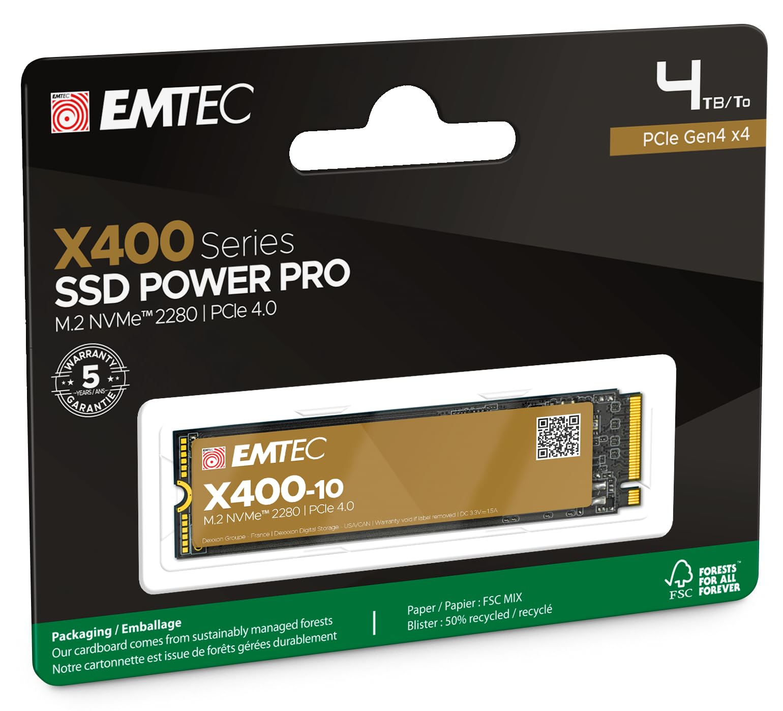 Emtec - Disque SSD Interne Collection X400-10 Power Pro M.2 2280 NVMe - 4To, 4TB - ECSSD4TX410 - PCIe Gen4x4-3D NAND - Idéal pour PlayStation PS5, Gamer, Jeux Vidéo