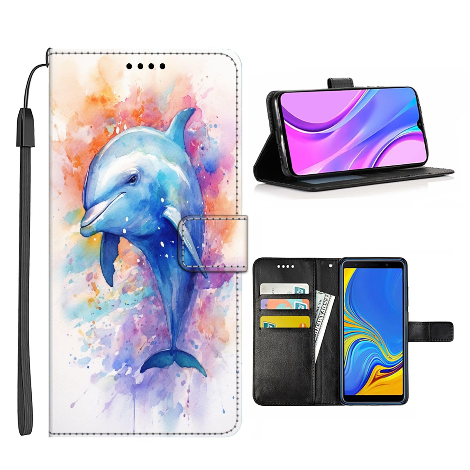 SHENCANG BLUE Wallet Case for iPhone X/Xs Case Dolphin-aa83 Flip Phone Case Folio Credit Cards Holder Wrist Strap PU Leather Kickstand Slots Flip Case with Magnetic Closure QBJ Case Multicolor