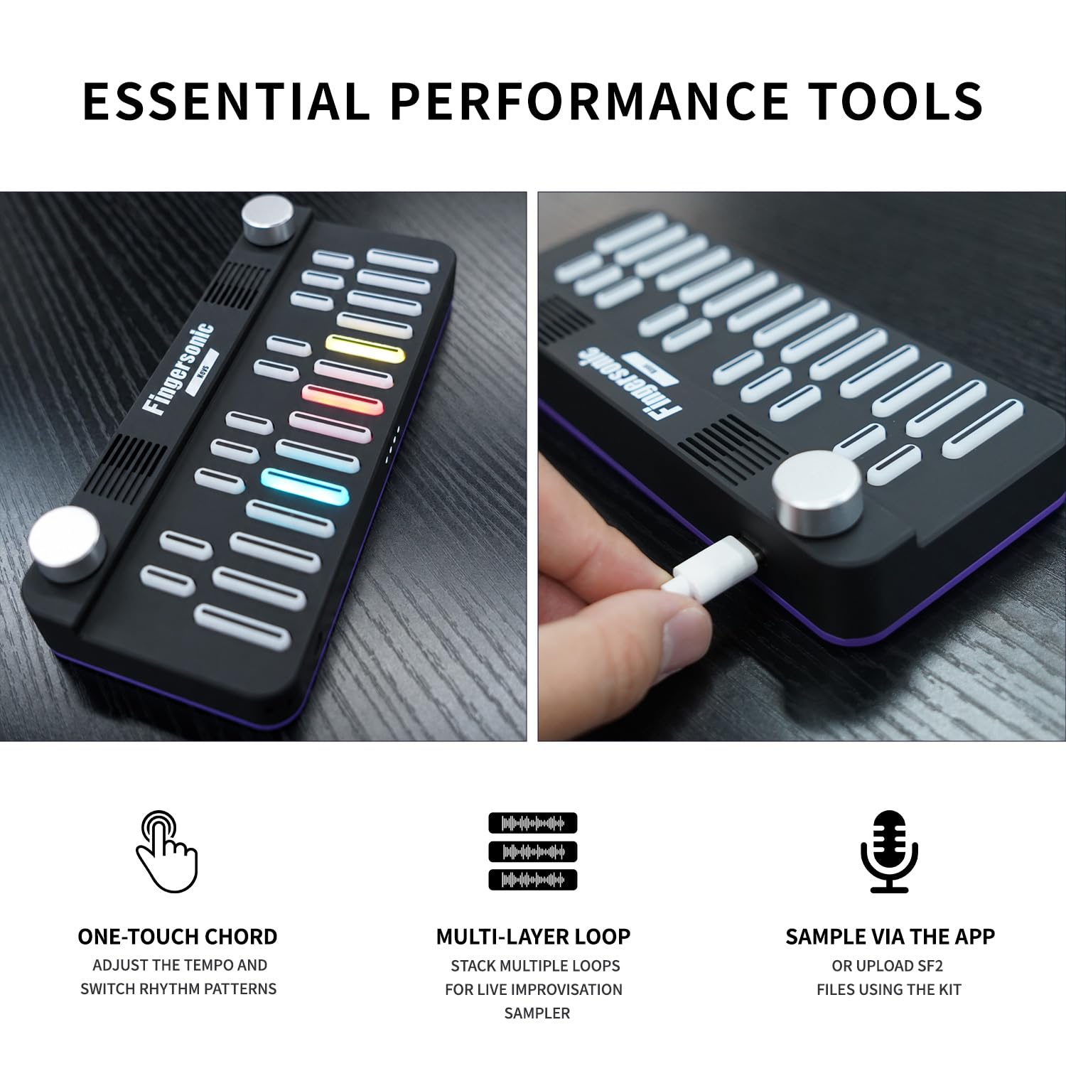 Tastiera MIDI portatile Fingersonic Keys a 24 tasti, BT/USB MIDI, nera | Tasti sensibili alla velocità, altoparlante integrato, LED colorati, uscita cuffie e app didattica