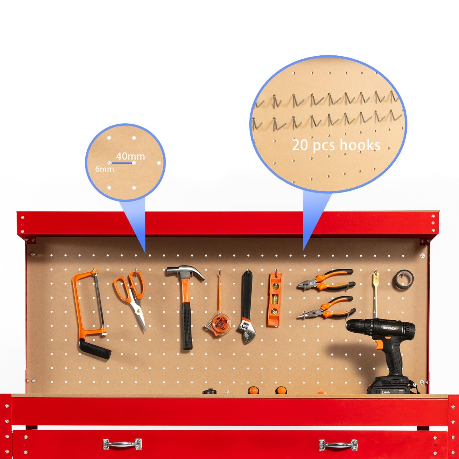 Foxhunter – Pannello forato per attrezzi lavoro banco da lavoro con attrezzi da garage in acciaio rosso con cassetti e ripiano per 12 pioli DIY workshop station