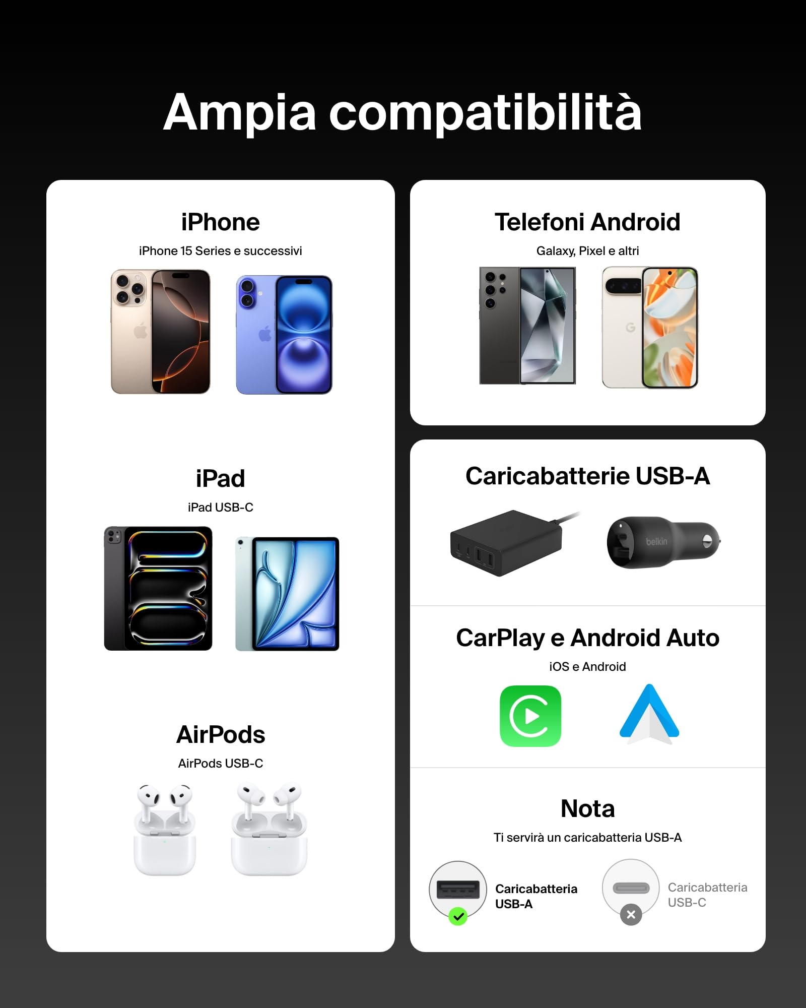 Belkin Confezione da 2 cavi intrecciati da USB-A a USB-C da 1,5 m, 15 W, cavo flessibile per ricarica rapida, cavo Type-C per iPhone 16 e iPhone 15 series, Galaxy S25, Pixel 9, iPad Pro ecc., nero