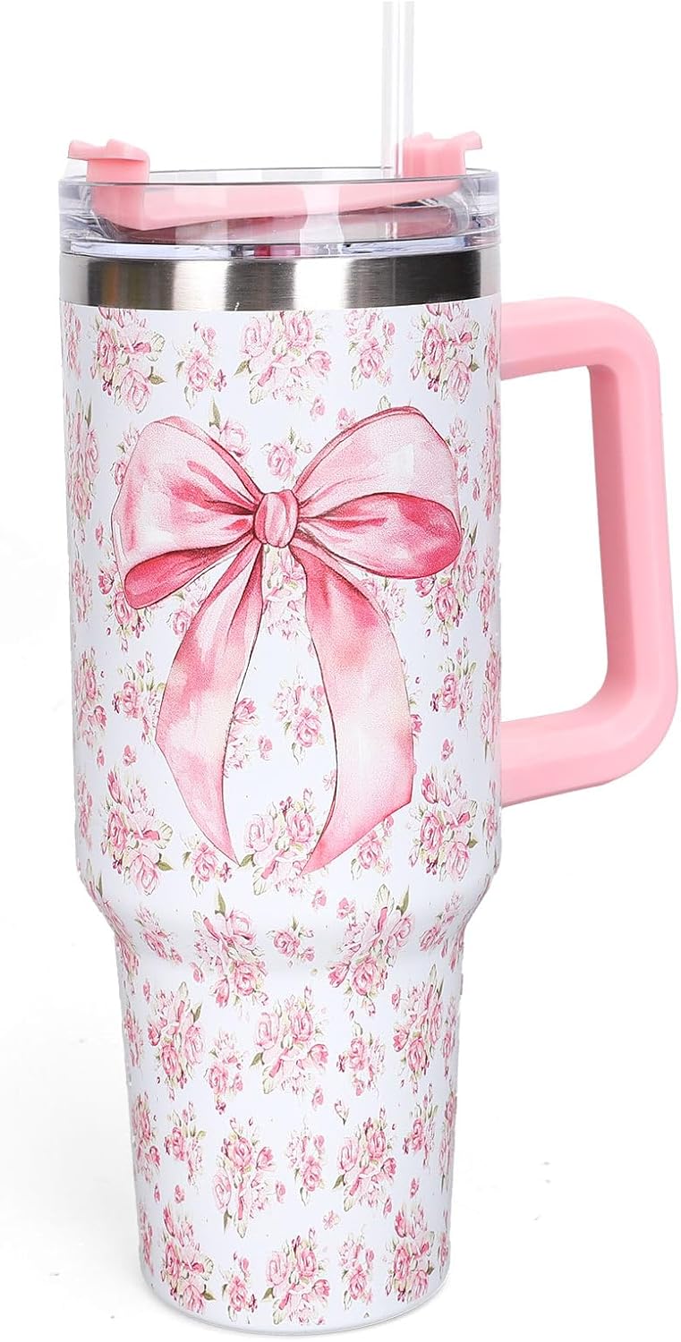 Whaline 40oz Bow Floral Tumbler with Handle Straw and Lid Coquette Bowknot Travel Tumbler Watercolor Flower Blossoms Cup Flower Coffee Cup for Women Friend Gift Holiday Birthday - Thumbnail 4