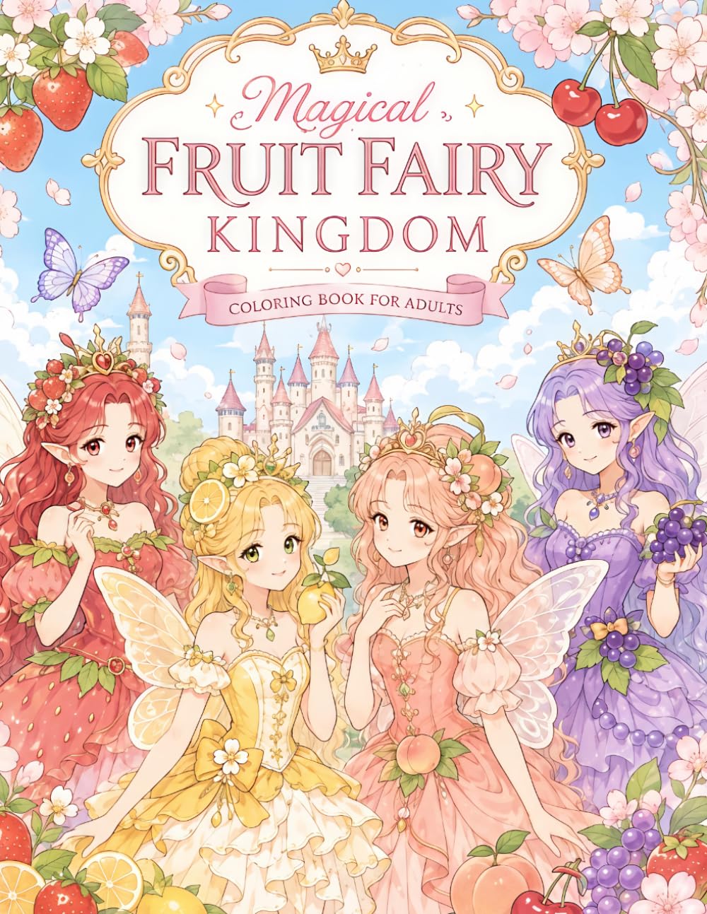 Magical Fruit Fairy Kingdom: A Relaxing Fantasy Coloring Book for Adults Featuring Elegant Fruit Princesses, Flowers, Butterflies, and Magical Fairy Worlds
