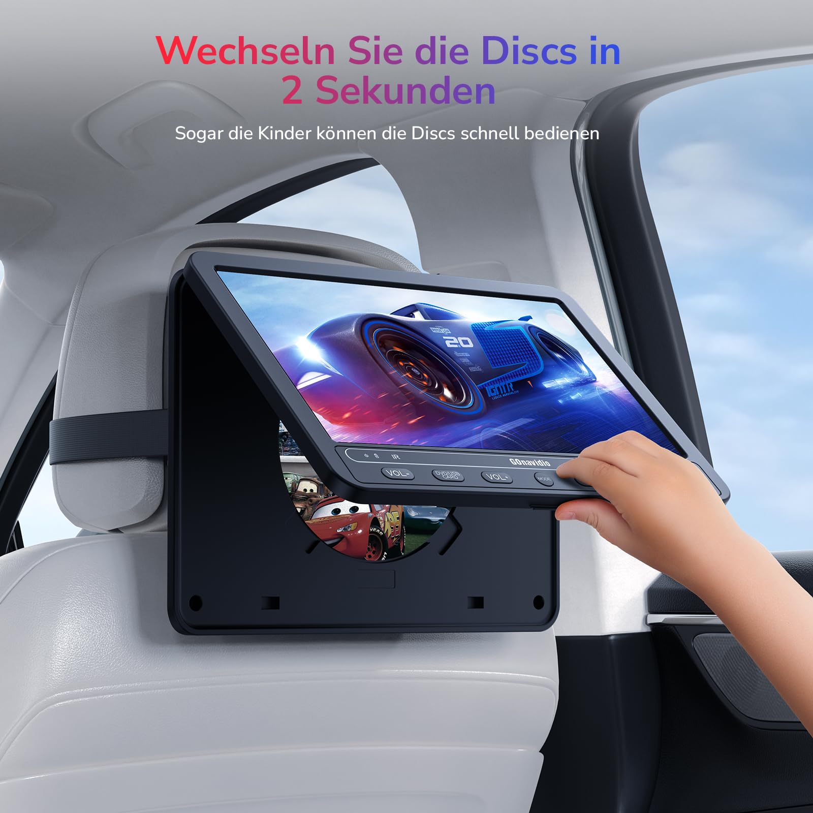 GOnavidio DVD Player Auto 2 Bildschirme 10,5" Mit 5 Stunden Akku 2 Kopfhörern Tragbarer Auto DVD Player Fernseher für Kinder TV, Unterstützt USB/SD, Regionsfrei (1 Player + 1 Monitor)