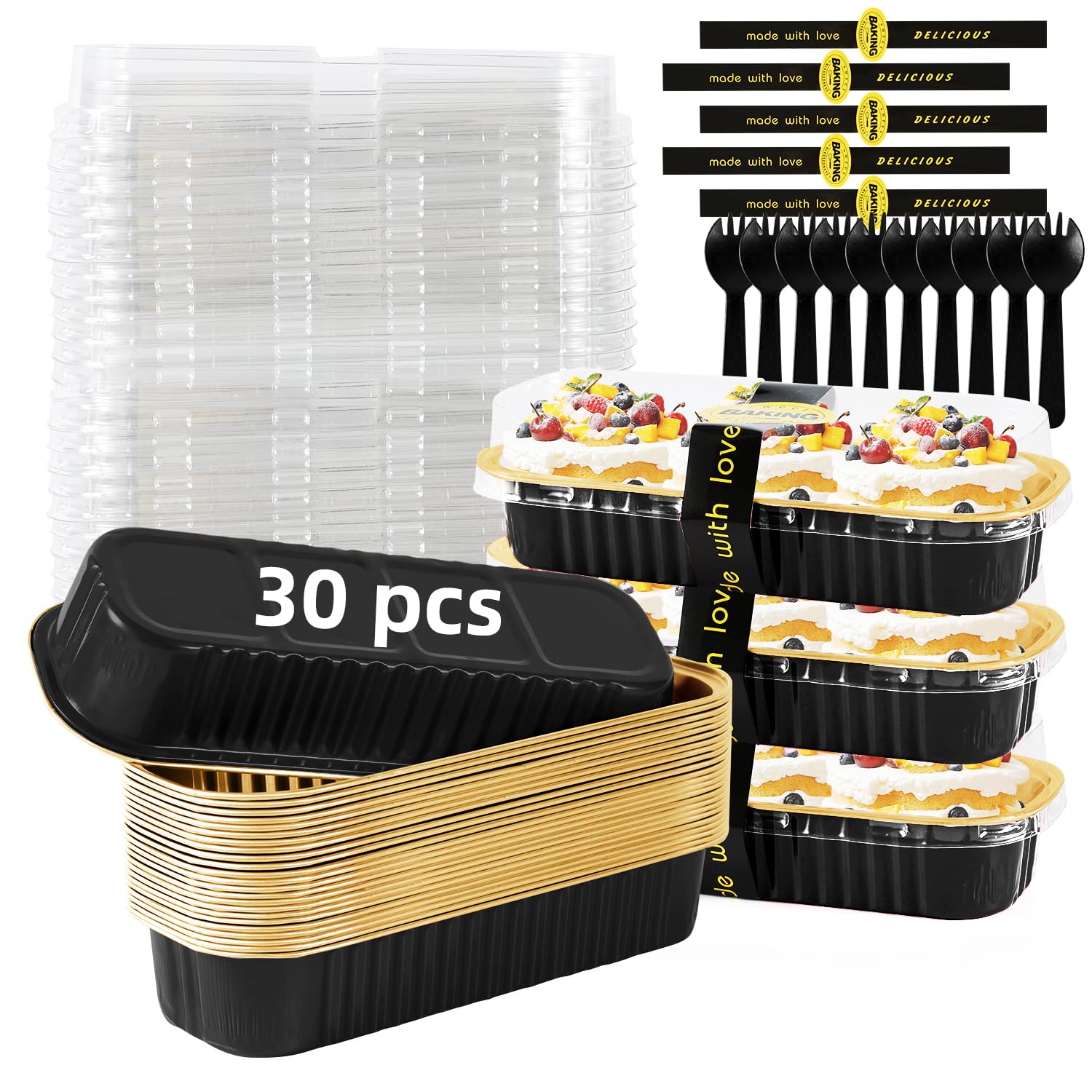 Photo 1 of *NO STICKERS OR UTINSILS* Orlashop Mini Loaf Pans with Lids and Spoons Sealing Sticker,30 Pcs 6.8oz Cake Pans for Baking Disposable Aluminum Foil Red cake pan (30 PCS Black Gold)
