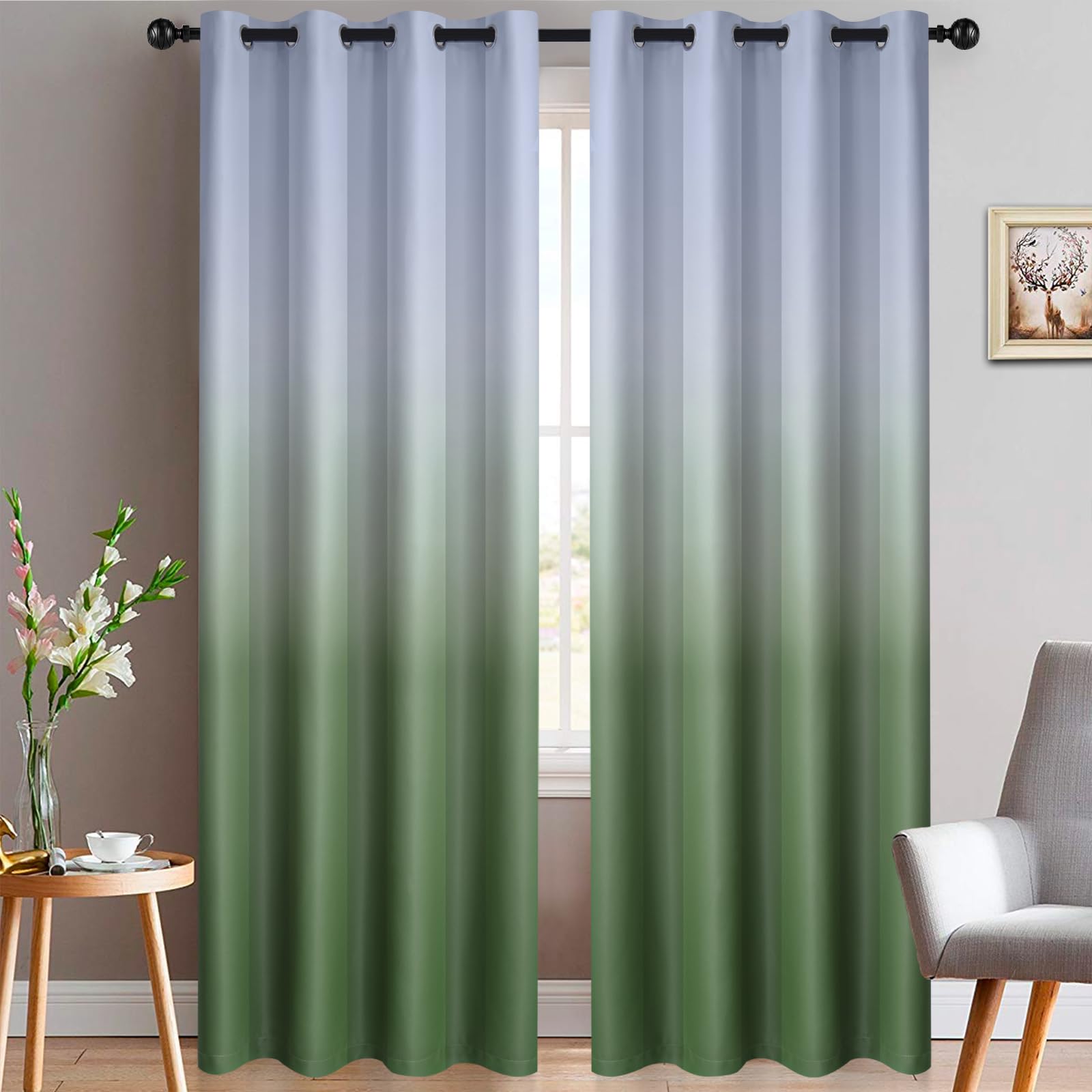Yakamok 84 Inch Ombre Curtains Greyish White to Sage Green for Bedroom — image 1