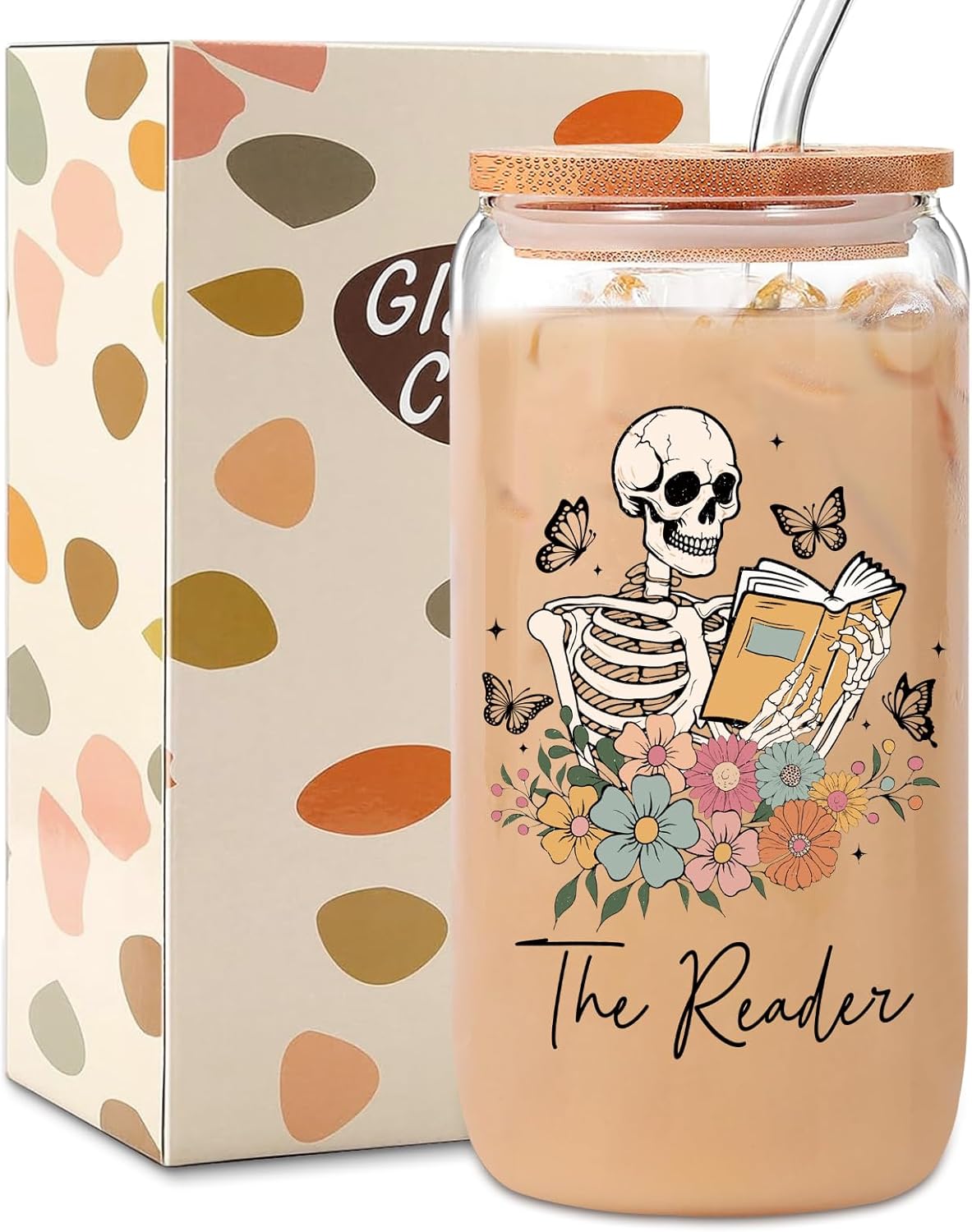 Book Lovers Gifts,Skull Bookish Women Book Themed Readers Accessories,Librarians,Bookaholics Christmas Birthday Gifts For Best Friend,16 oz Glass Cups with Lids and Straws