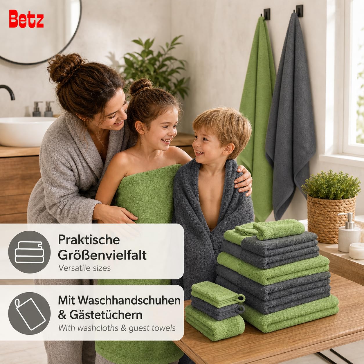 Betz Juego de 10 Toallas Premium 100% algodón 2 Toallas de baño 4 Toallas de Lavabo 4 Toallas de tocador 2 Manoplas de baño Color Verde Manzana y Gris Antracita