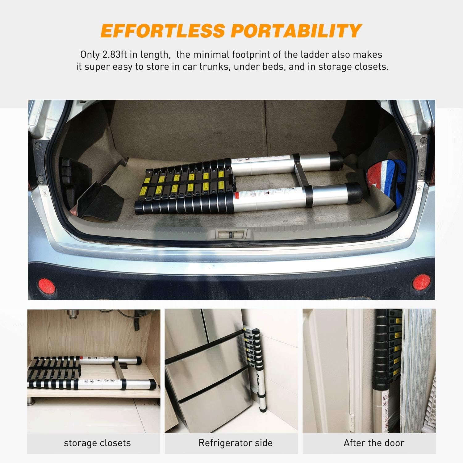 Images showing the Yesker telescoping ladder stored compactly in a car trunk, under a bed, and behind a door, demonstrating its effortless portability.
