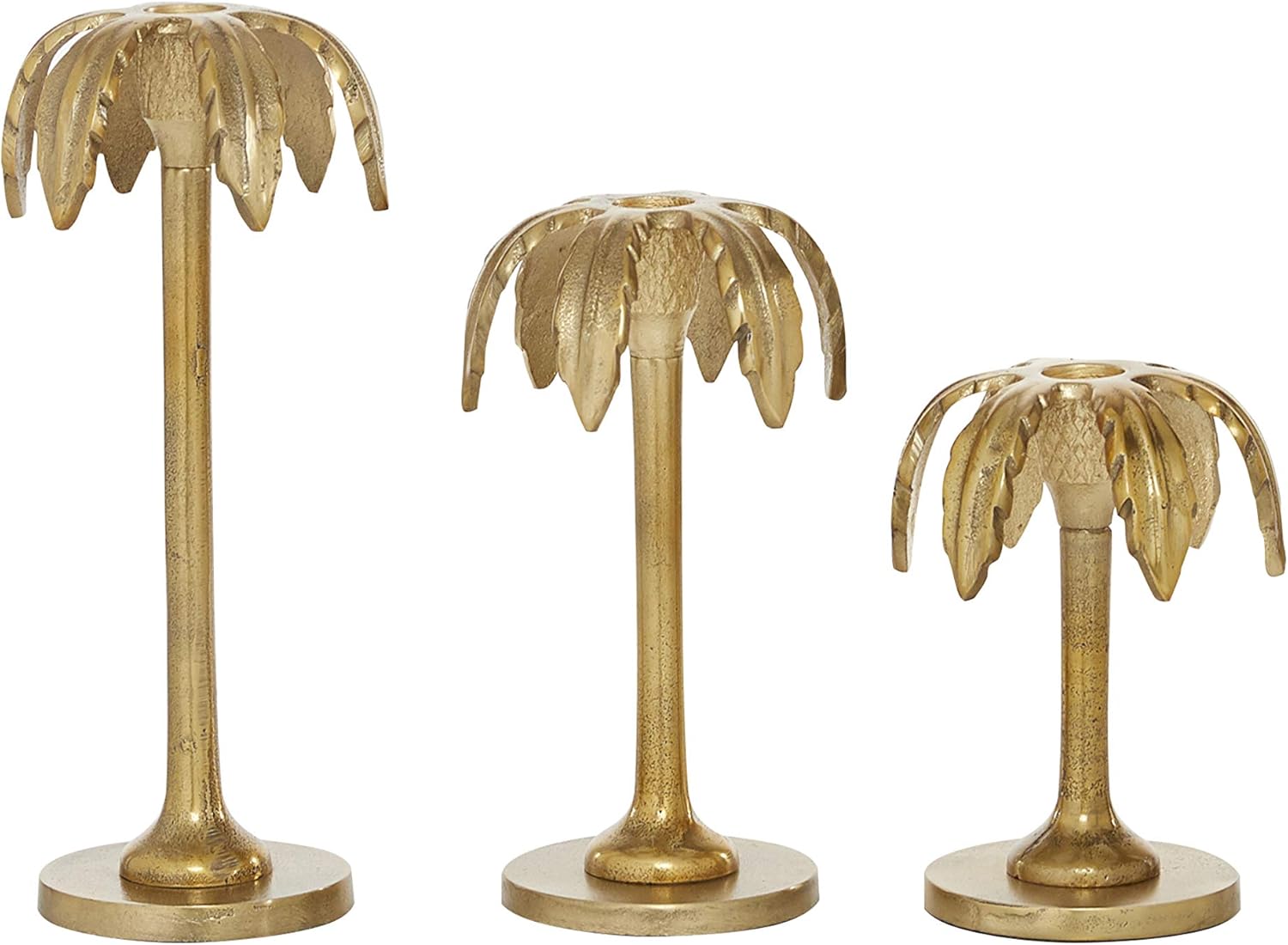 Gold Aluminum Palm Tree Taper Candle Holders Set of 3