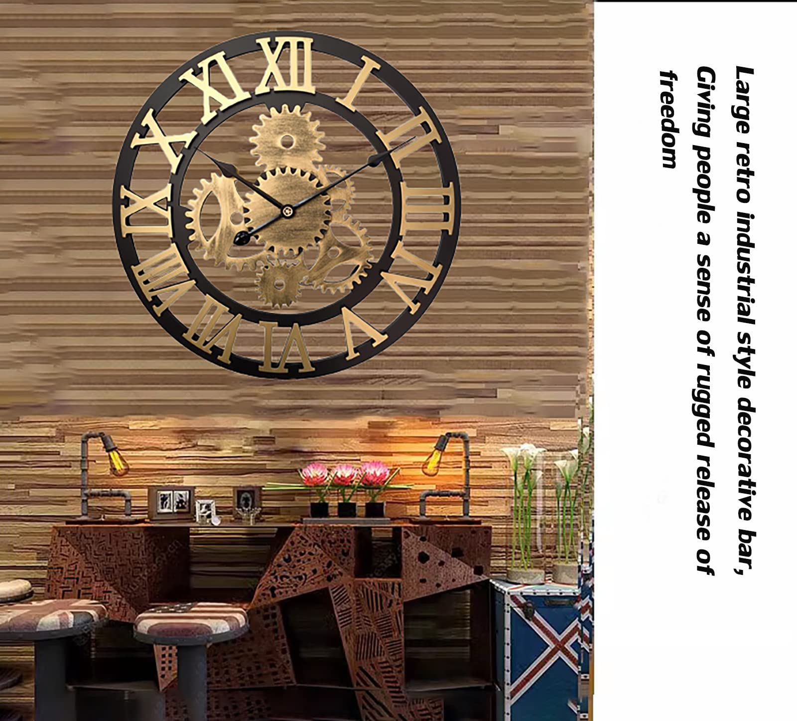Reloj de pared, reloj de pared con engranajes móviles grandes, silencioso, funciona con pilas, estilo industrial retro, plateado para restaurantes, cafeterías, bares, salas de estar y otros lugares