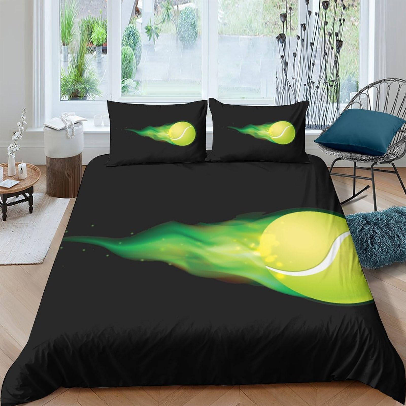 GPLZQXKJNH 3D Printed Tennis Ball Duvet Cover Microfiber Soft Breathable Green Splash Bedding Set with 2 Pillowcases for Bedroom Decor Single（135x200cm）