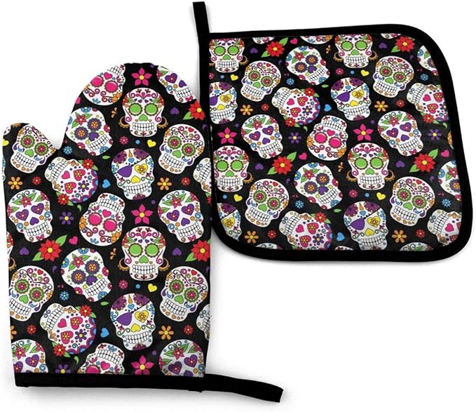 Day of The Dead Sugar Skull Oven Mitts and Pot Holders Sets Heat Resistant Kitchen Halloween Oven Gloves Non-Slip for Safe BBQ Cooking Baking Grilling Set of 2