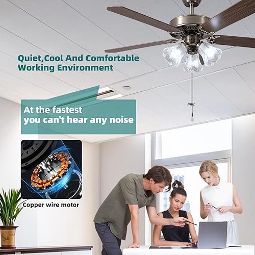 Miniatura 9 de TWLITE Ventilador de techo interior de 42 pulgadas con cadena de tracción y base de tres bombillas LED, ventilador de techo tradicional de 3