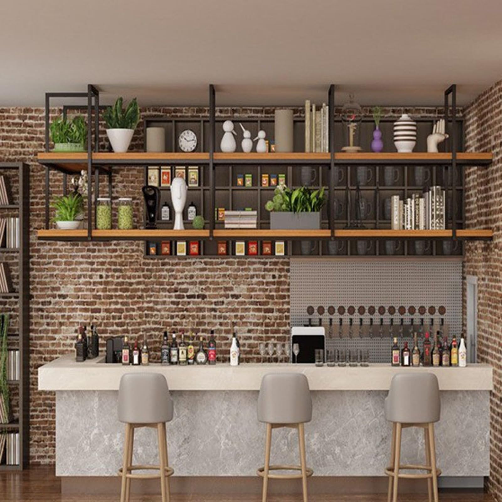 Półki wiszące sufitowe, drewniana półka wisząca, 2-poziomowy wielofunkcyjny organizer do przechowywania, stojak na doniczki z roślinami(90x30x80cm)