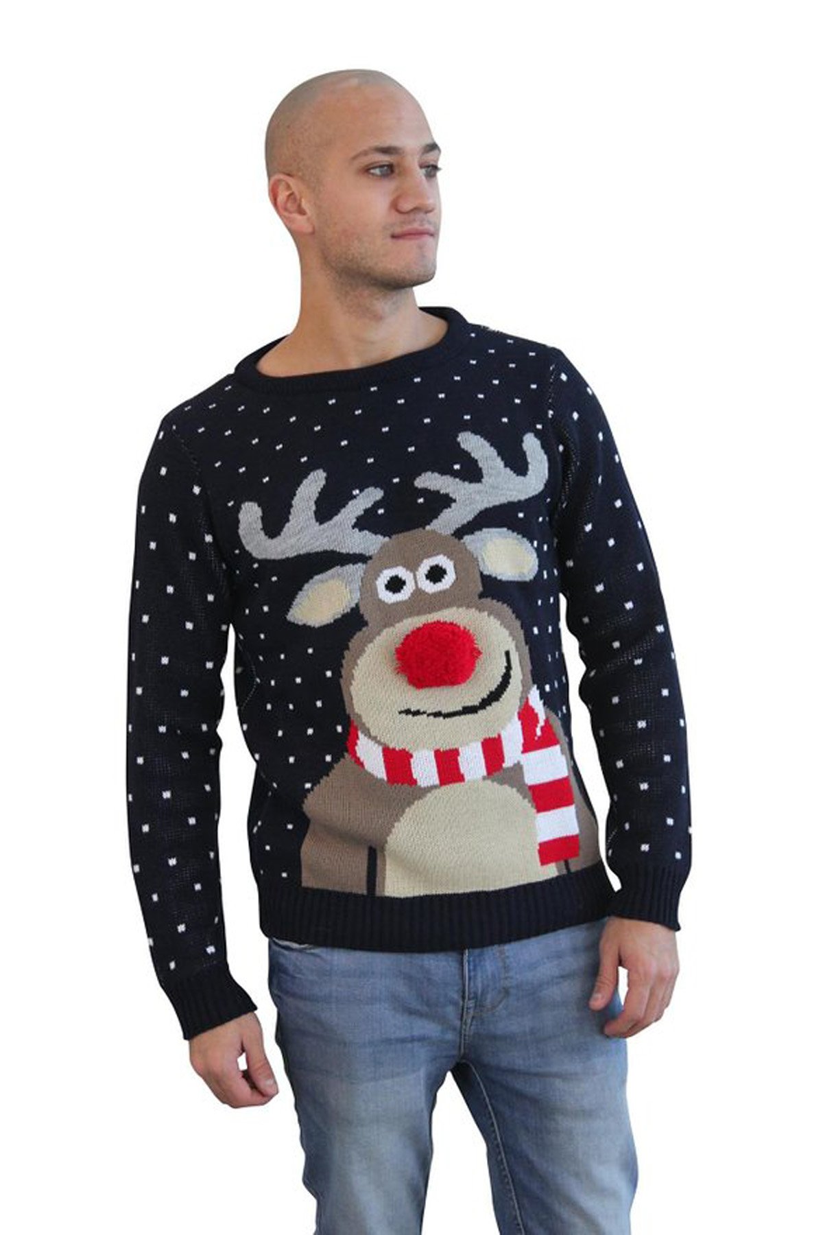 Christmas Novelty Reindeer Fairisle Snowflake Knitted Xmas Jumper Sweater, Navy, Medium