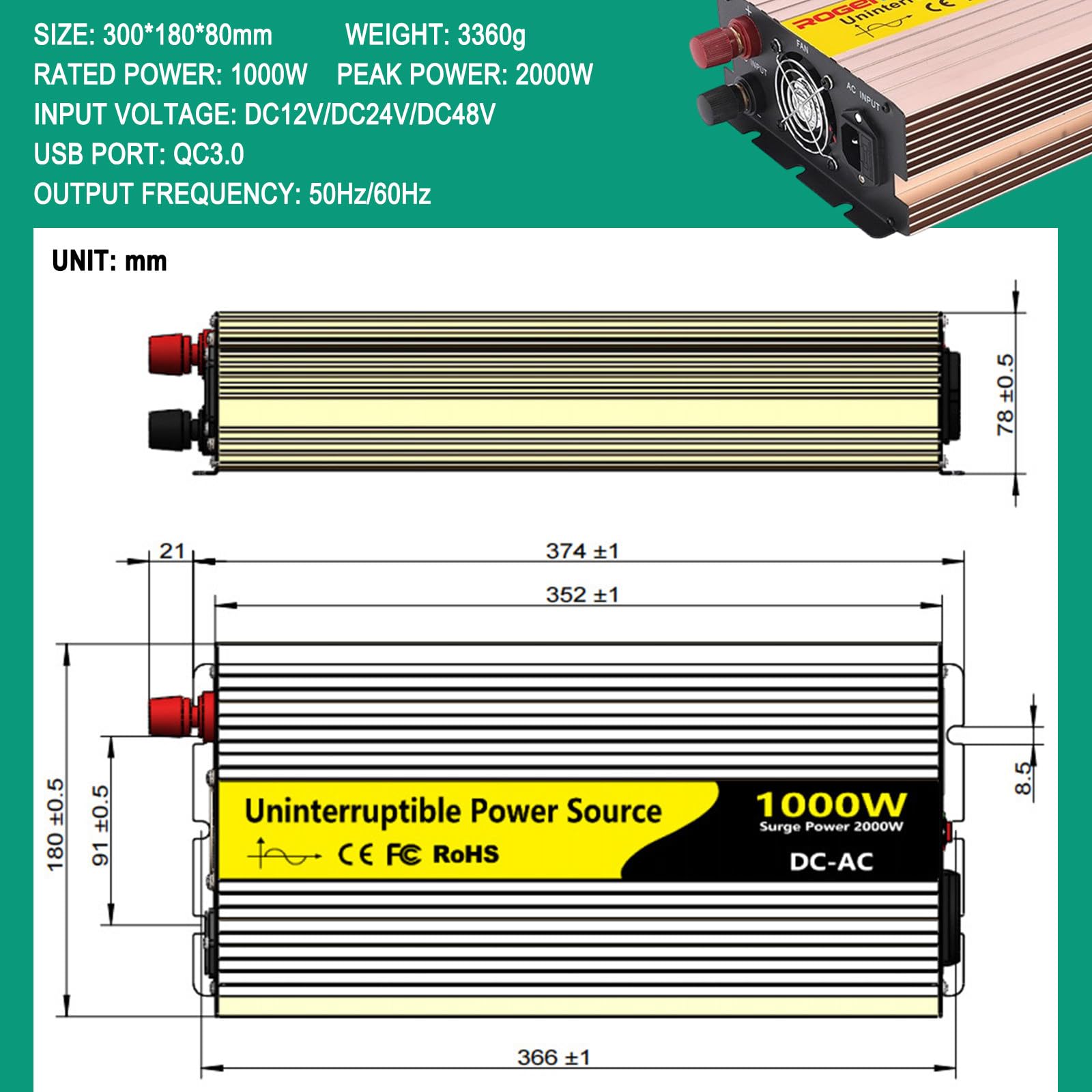 Inversor Solar de Alta Eficiencia, Onda Pura para Caravanas y Camping, Pantalla LCD + Telemetría Remota,1000W-48V