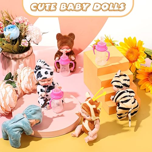 Miniatura 6 de Juego de 10 mini muñecas de bebé de 4 pulgadas, ropa de animales de bebé realista con 10 biberones de lactancia para niños, niñas, niños pequeños a