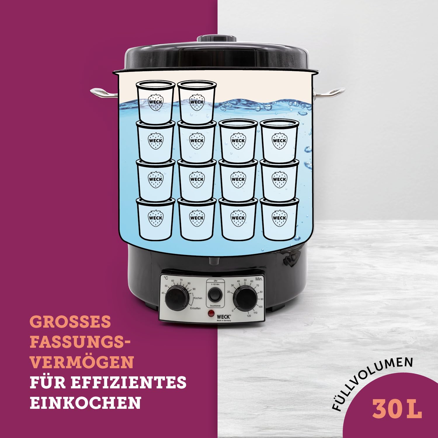 WECK Einkochautomat WAT25-A Edelstahl mit Präzisionsthermostat, Auslaufhahn & Zeitschaltuhr – 30L Einkochtopf, Glühweinkocher, Dampfentsafter, Einweckautomat – Made in Germany, hochwertig & vielseitig