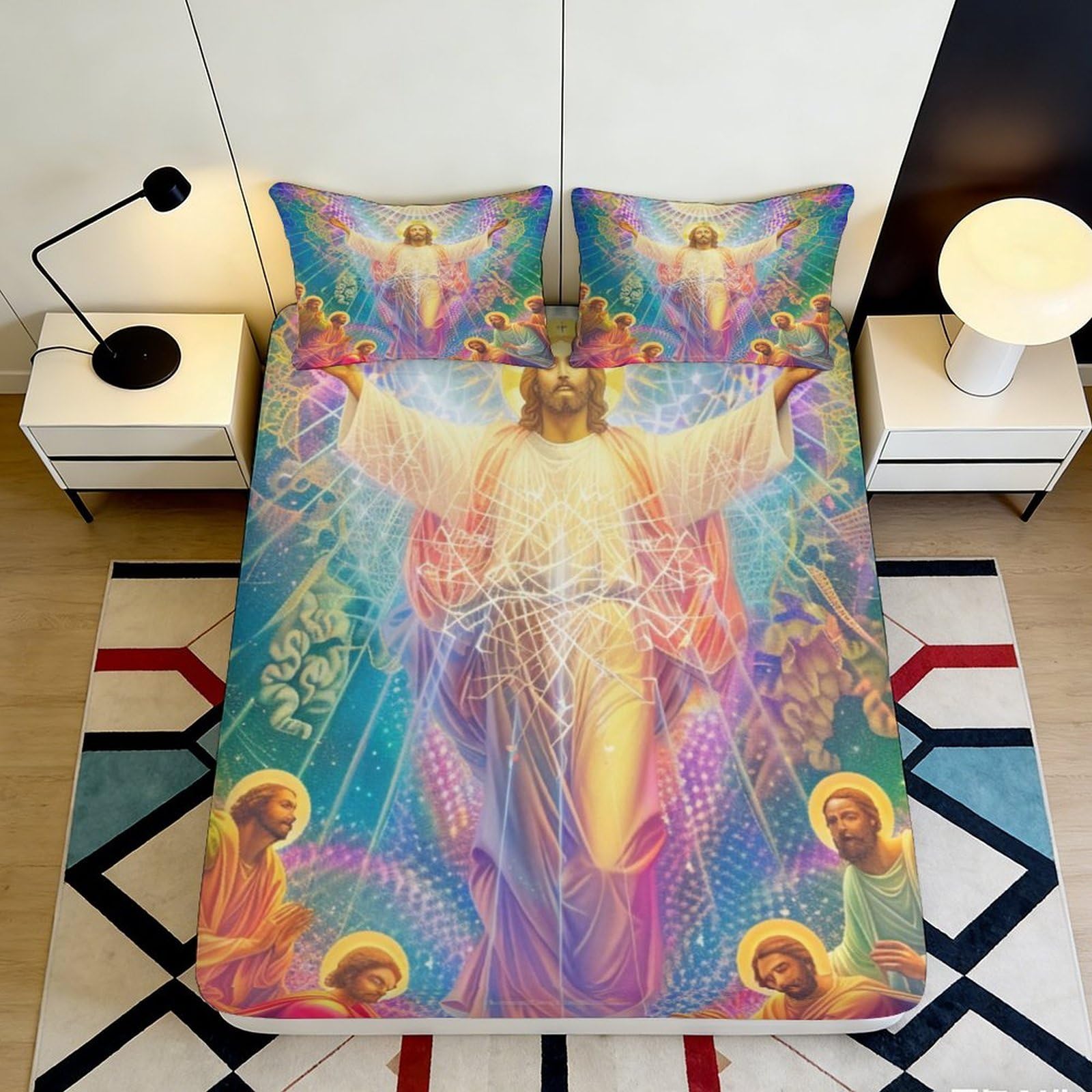 3D Printed Radiant Jesus Fitted Sheet Microfiber Soft Spiritual Angels Mattress Cover for Bedroom Dorm Decorative 90x200x25cm