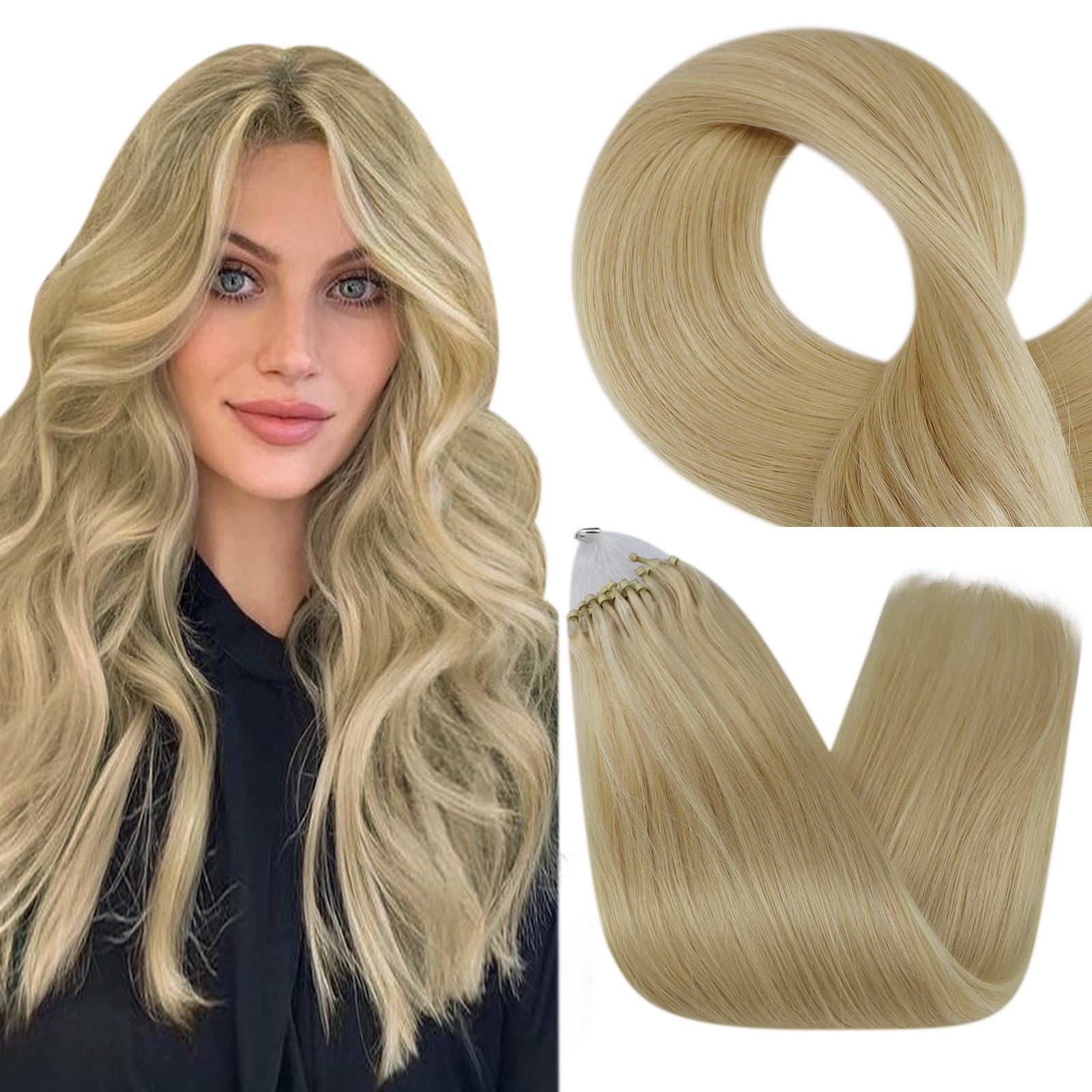 Fshine Microring Extension Capelli Veri 50CM 50g Human Hair Biondo Platino Extension Micro Anelli Capelli 1g/ciocche Extension Color 60 Lisci Remy Extension Micro Beads Hair