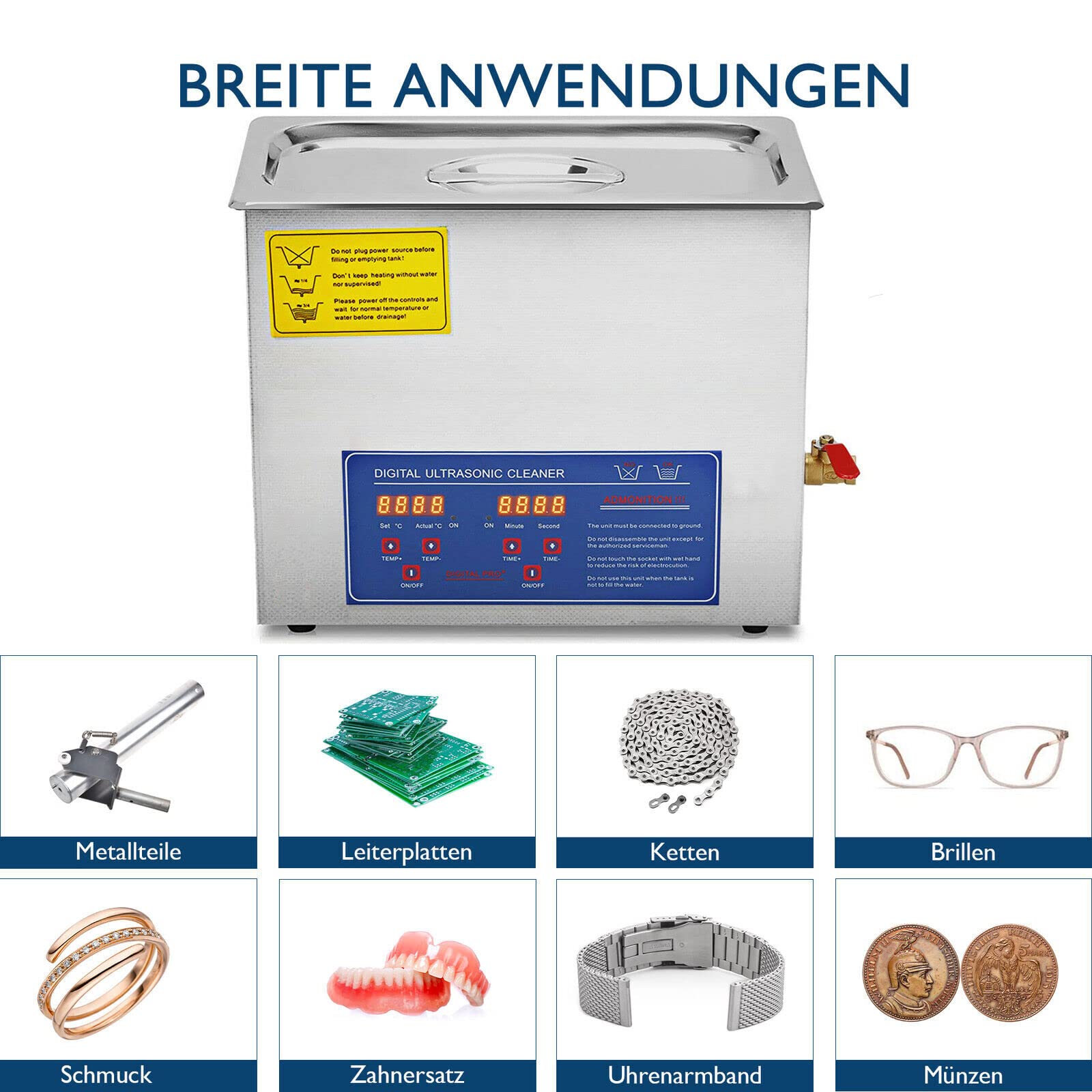 Ultraschallreiniger 10L Reiniger Ultraschall Ultrasonic Cleaner, Ultraschallreinigungsgerät Edelstahl mit Digitaler Anzeige für Schmuck Brillen und Zähne