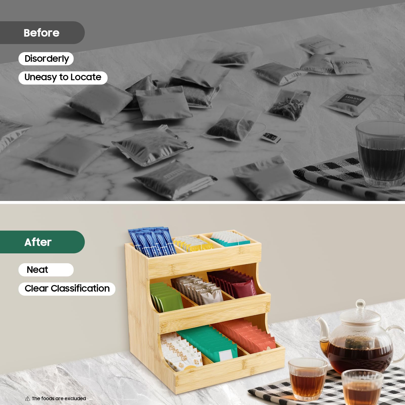 Organizador de bolsas de té de bambú con 9 compartimentos y 3 niveles (27 x 17,5 x 24 cm), capacidad de carga de 5 kg, para casa, oficina y cafetería, diseño sostenible