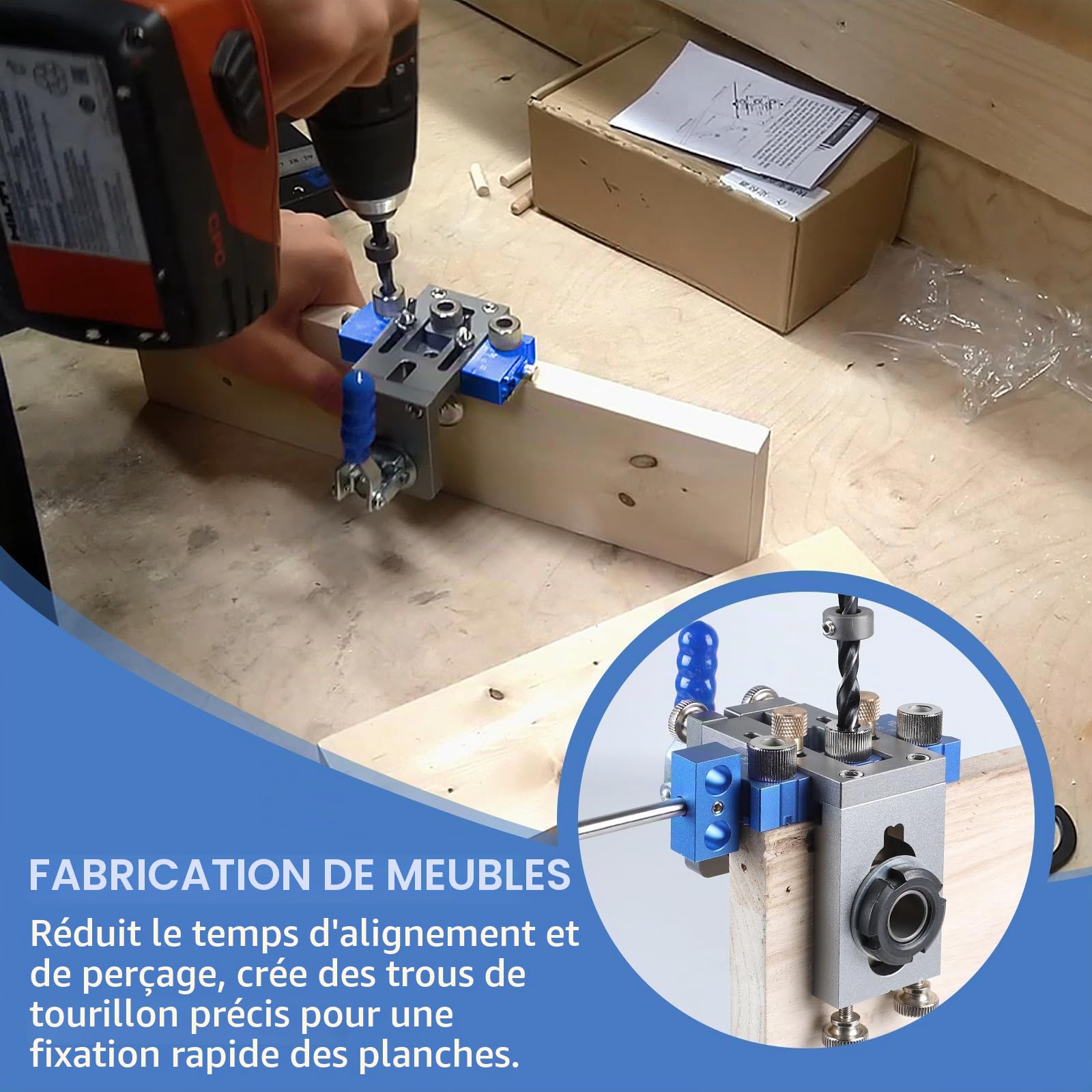 EFUTURETIME 3-en-1 Gabarit de Perçage Vertical Set, 5/8/10/15mm Gabarit de Cheville Réglable, Localisateur de Perçage pour Perçages et Connexions Rapides et Précises, Bleu