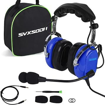 Aviation Headset for Pilots, Mono and Stereo Compatibilit, Headphone Twin Plugs,24 db PNR Noise Reduction Adjustable Headband for PPL Student Pilots Flight Passengers-Blue