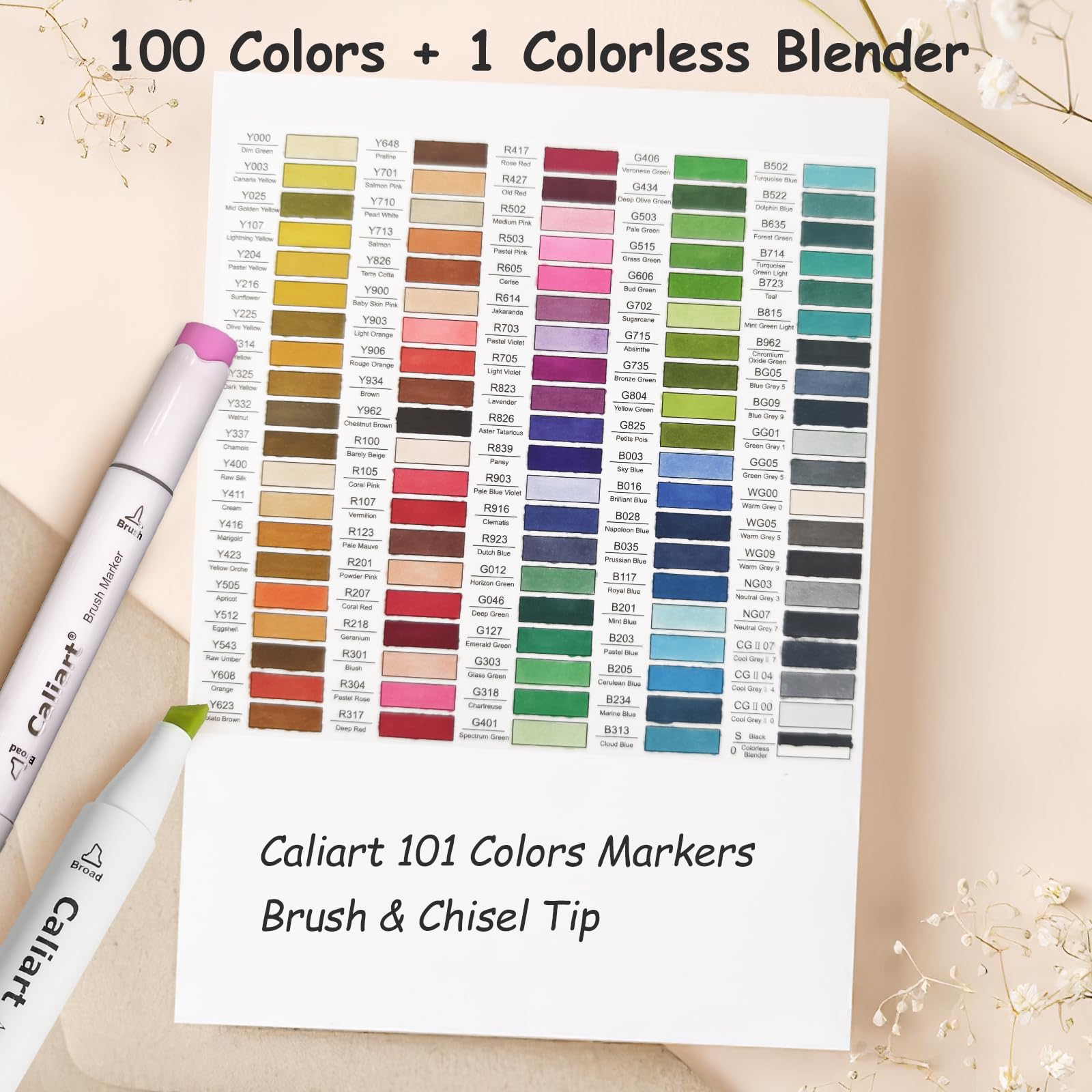 Caliart 101 Farben Pinsel und Meißel Alkoholmarker für Erwachsene, Malbuch mit Doppelspitze, Künstler, Skizze, Kunstmarker, ästhetisch, niedlich, adrett, Schulbedarf, Stifte für Beschriftungen,