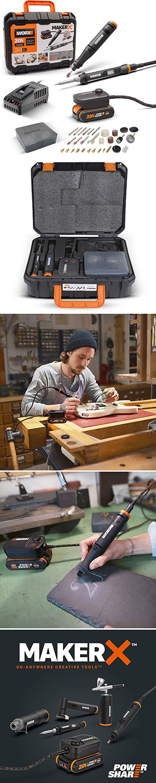 Kit MakerX Rotationswerkzeug + Lötkolben 20 V WORX | PowerShare | WX988-1 2Ah Akku mit Indikator, 1 Ladegerät