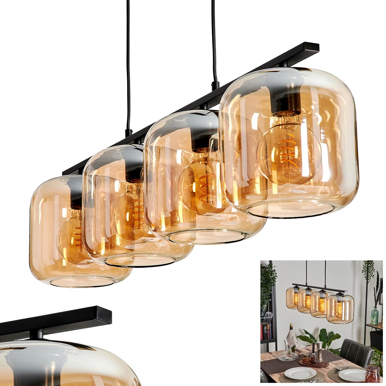 Pendelleuchte Lauden, Hängeleuchte aus Metall/Glas in Schwarz/Bernsteinfarben, Leuchte im Vintage/Retro Design, Schirme aus Glas (Ø 20 cm), 4-flammig, Höhe max. 111,5 cm, 4 x E27, ohne Leuchtmittel