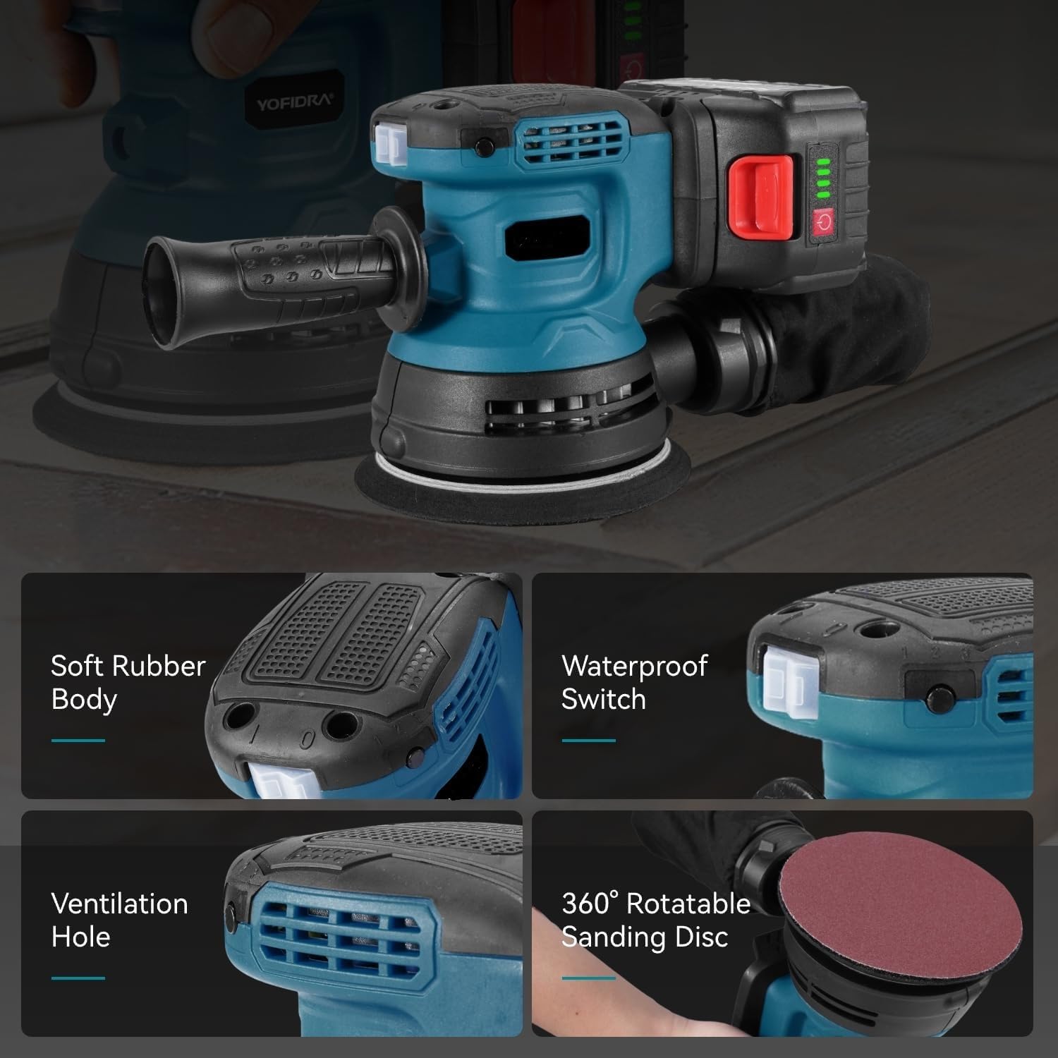 Lucidatrice a batteria - lucidatrice per legno, motore senza spazzole, 500w, levigatrice rotorbitale per legno, con 2 batteria al litio da 21V 2000mAh , 6 velocità variabile 10700RPM max, base 125mm