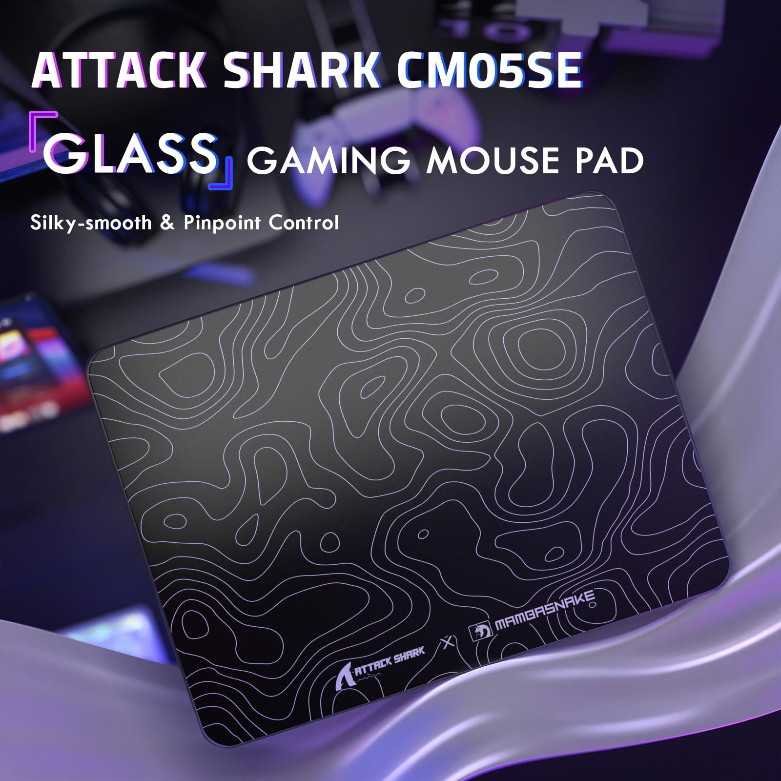 ATTACK SHARK CM05SE Alfombrilla Ratón Vidrio Templado, Dureza 9H Anti-Rayas, Superficie Ultra-Lisa Grabada Nano, Base PU Antideslizante, Alta Precisión, Movimiento Rápido, 410×310×5mm- Contorno Negro