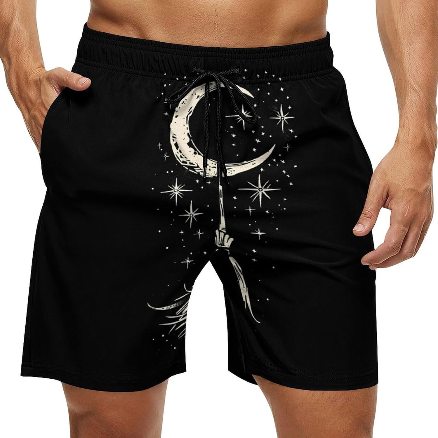 Witchy Magical Crescent Stars Casual Men's Swim Trunks Novelty Summer Beach Shorts Swimwear with Pocket