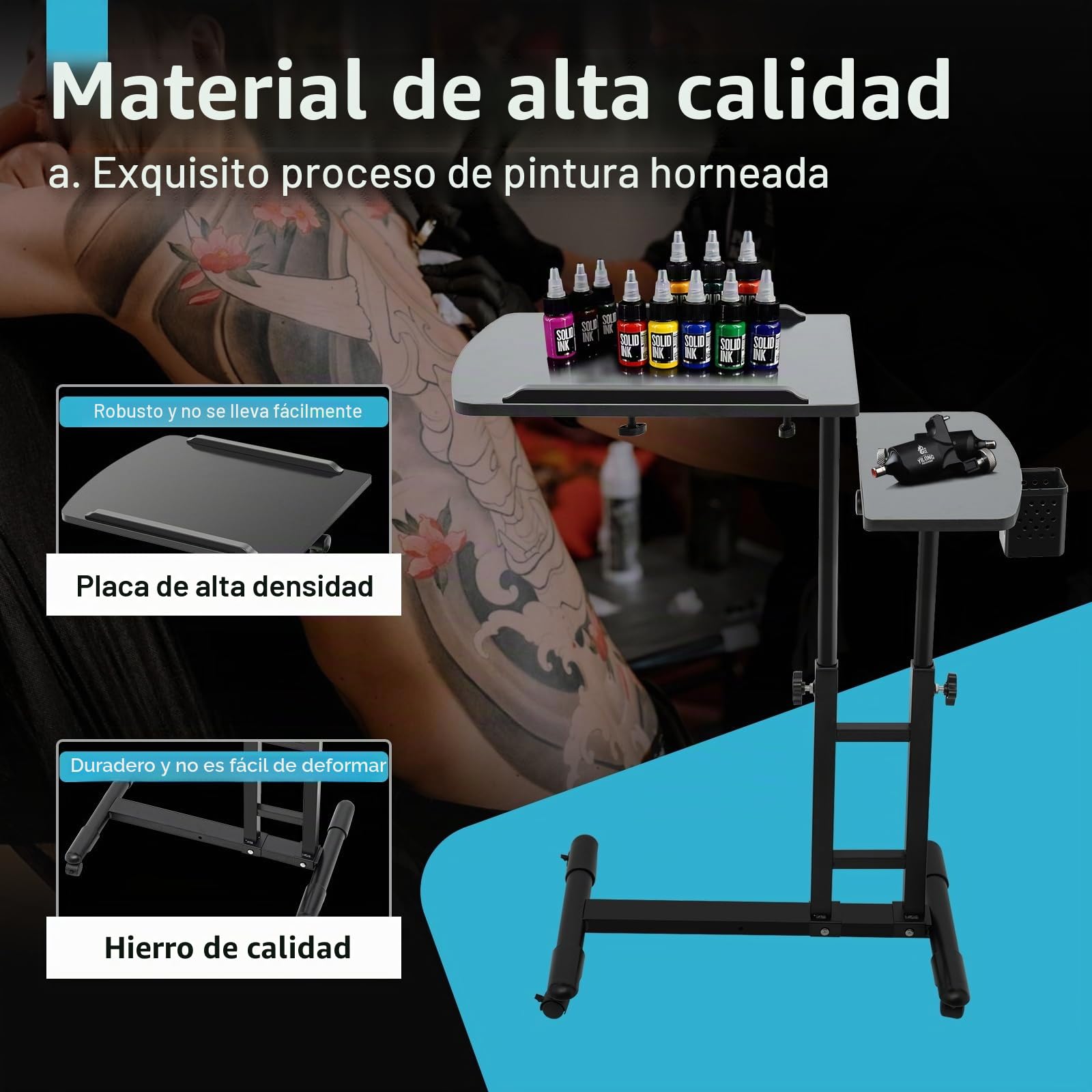 Tattoo WorkStation, banco de trabajo de tatuaje, estación de trabajo portátil de tatuajes portátil de 61 a 107 cm, altura ajustable, reposabrazos grande, mesa auxiliar con ruedas