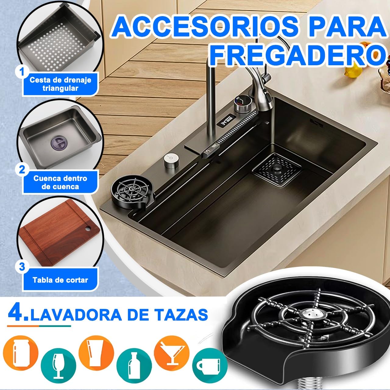 85x45cm Fregadero De Cocina De Con Cascada Negro, Lugar De Trabajo Grifo De Cascada LED, Tabla De Cortar Deslizante Y Fregadero De Tazas De Alta Presión, Compacto Y Multifuncional