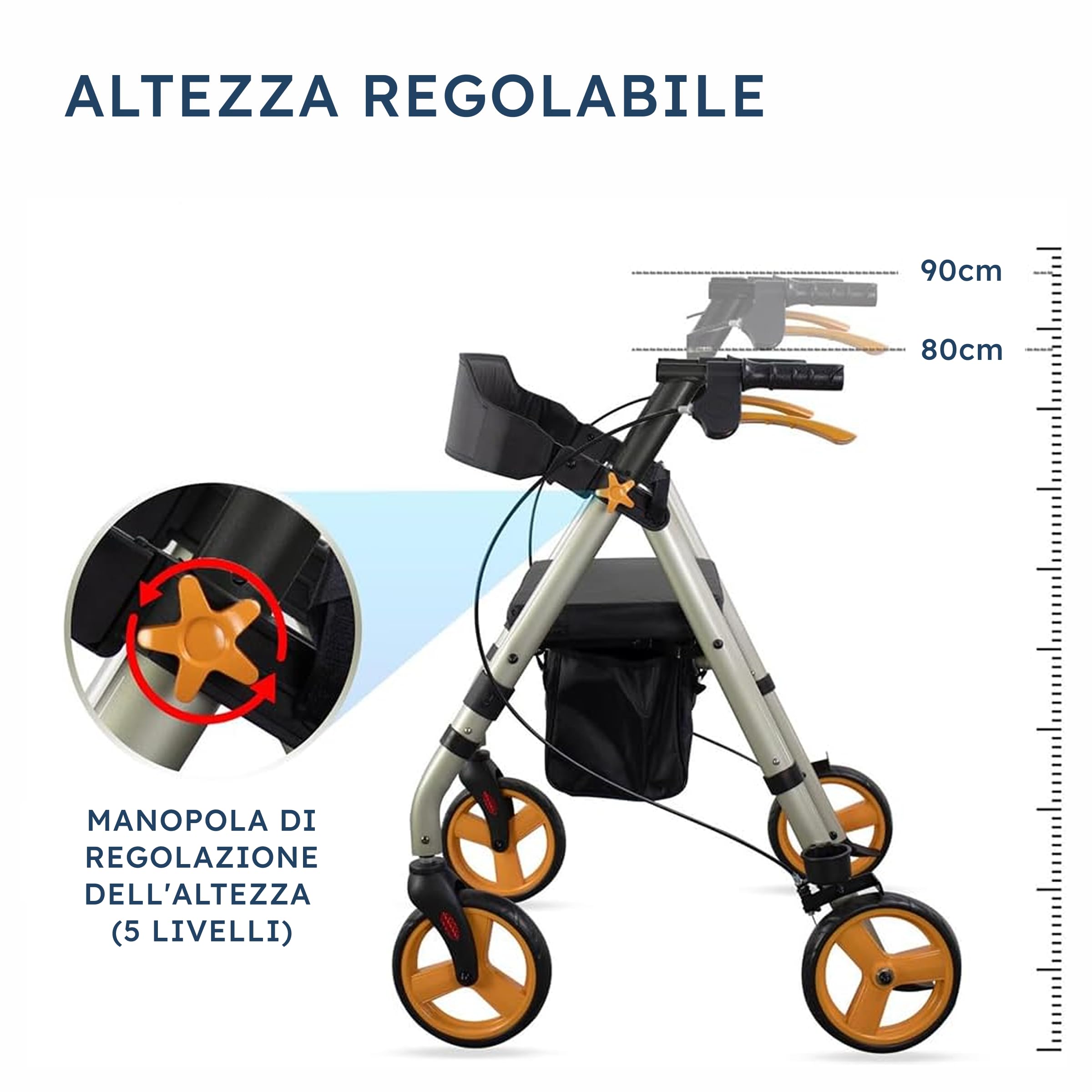 SPES Rollator Deambulatore in Acciaio Robusto (9 kg) - Ausilio Pieghevole Silver con Seduta Imbottita e Grandi Ruote Stabili (20 cm) - Freni Sicuri, Cestino e Porta Bastone (Portata 136 kg)