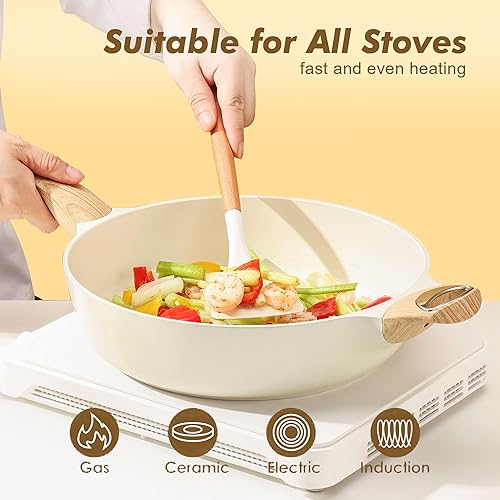 Miniatura 4 de SENSARTE Sartén antiadherente de cerámica con tapa, sartén profunda grande de 13.3 pulgadas, sartén de 6 cuartos de galón, sartén de inducción,