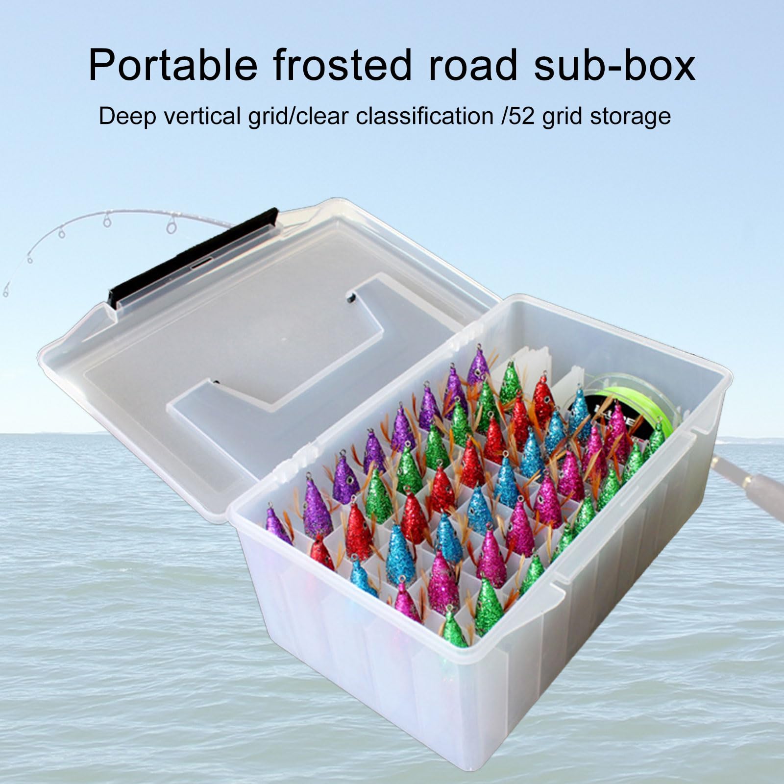 Caja de pesca al aire libre con 52 rejillas de plástico, caja de aparejos de pesca, calamar, señuelos duros, caja de herramientas, caja de almacenamiento de cebos artificiales