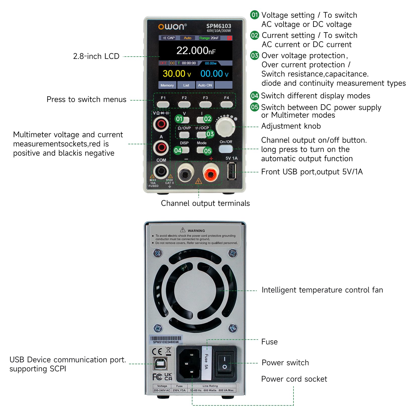 OWON SPM6103 Alimentatore da Banco (0-60V, 0-10A), 2 in 1 Alimentatore CC e Multimetro, Alimentatore da Laboratorio DC, Display LCD da 2,8 Pollici, Multimetro Digitale, con porta di ricarica USB