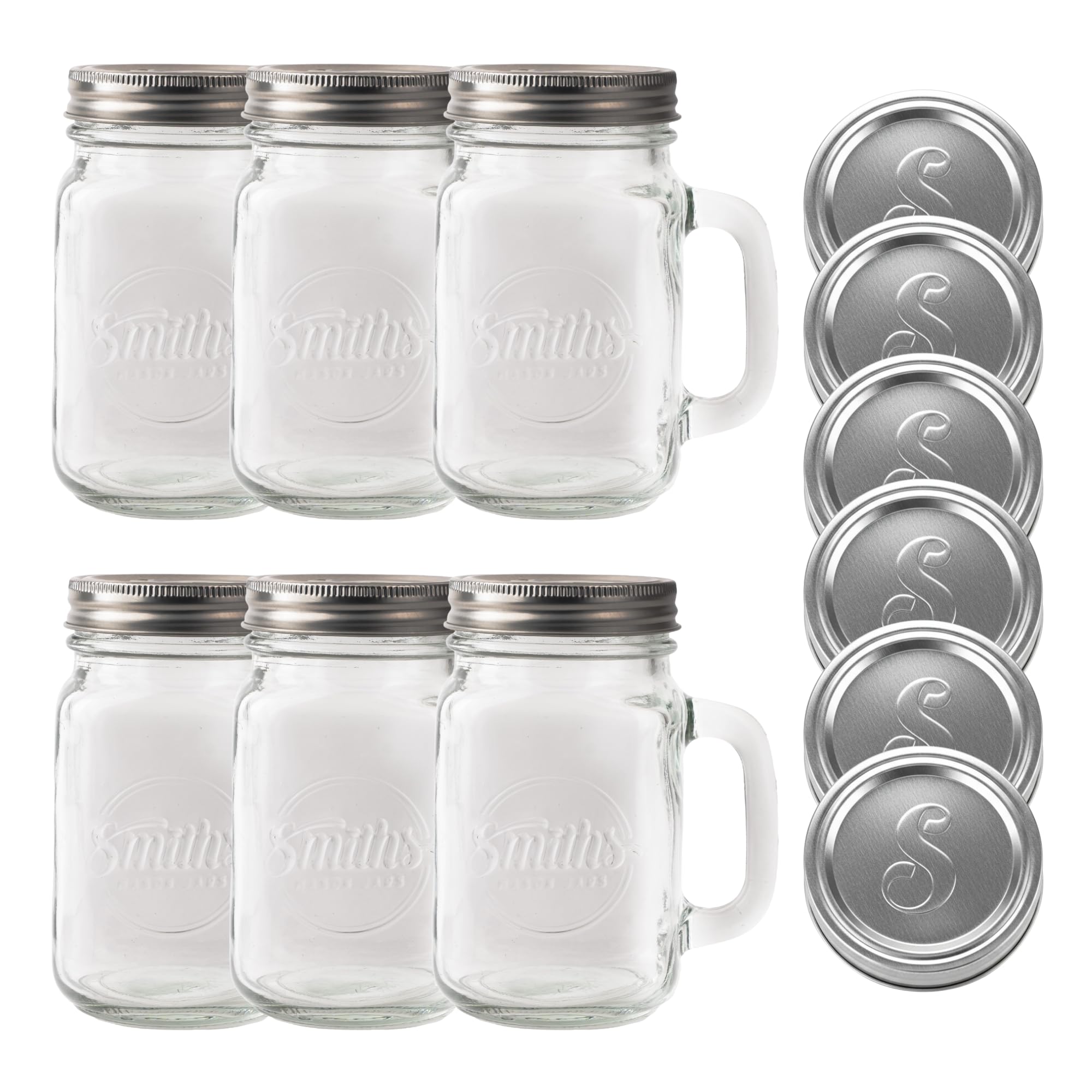Smiths Mason Jars Silver With Handle - 16Oz/473Ml Glass Mason Cup Jars With Handles And Lids (6 Pack) - Smoothie Glasses, Overnight Oats Jar, Iced Coffee, Milkshake & Cocktail Mugs