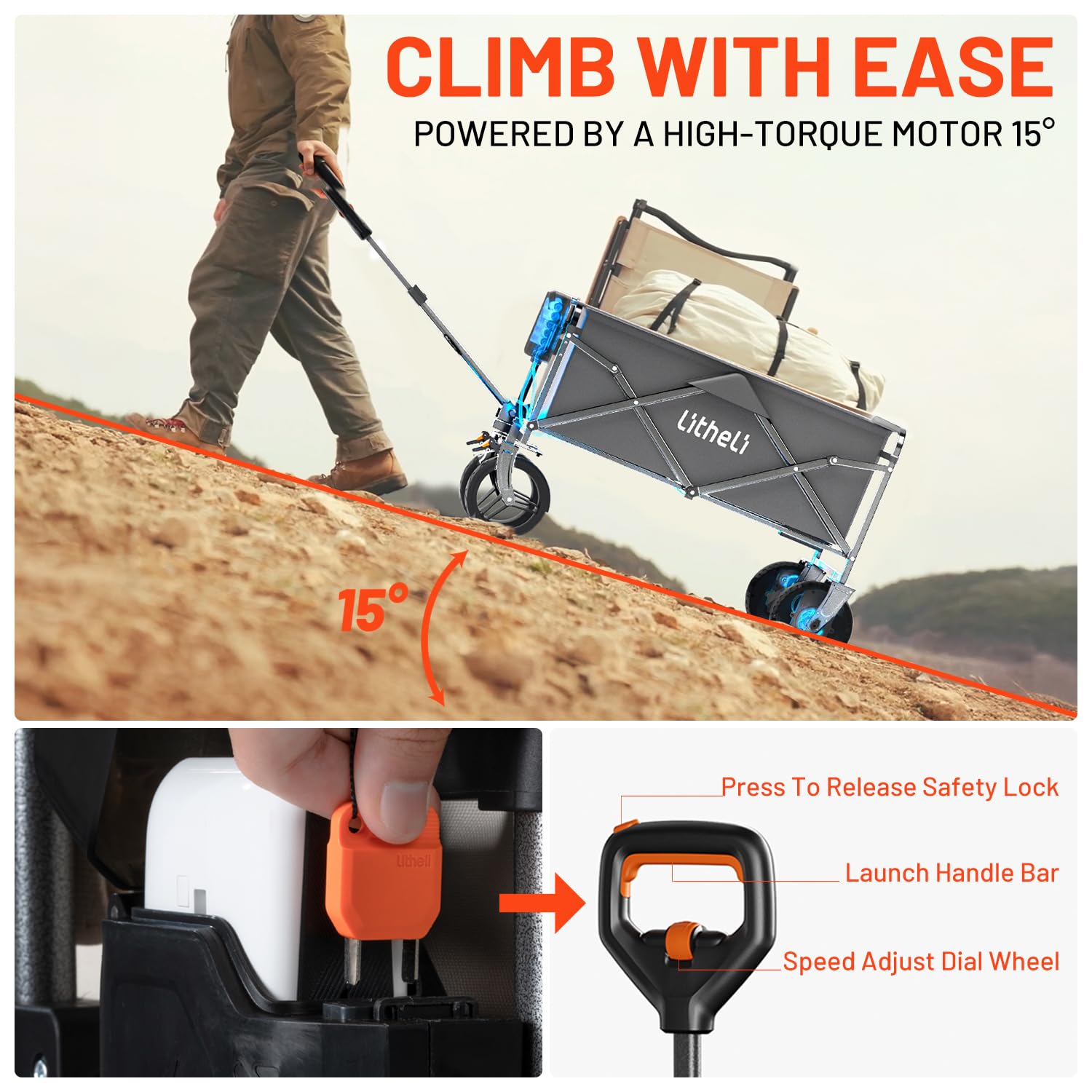 LiTHELi Carrello elettrico pieghevole, carretto a mano pieghevole con motore e freni, 100L 50KG adatto per campeggio, giardino, spiaggia, shopping (nero, W1 Go con 1 batteria)